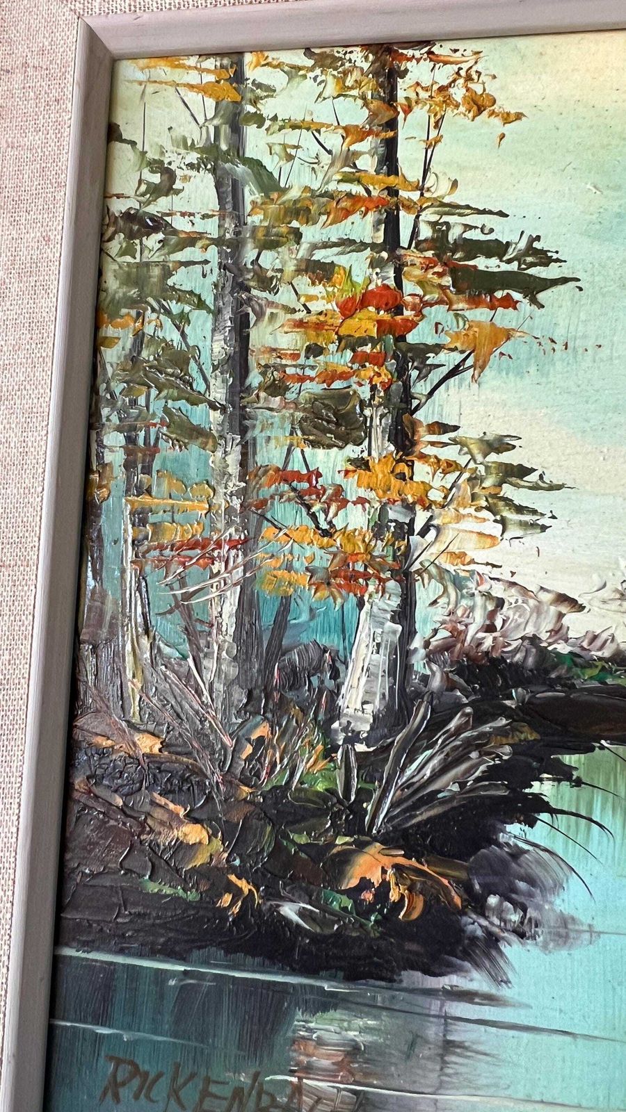 Mid Century Oil Painting By Rickenbach – Tranquil River Landscape, Framed photo Art