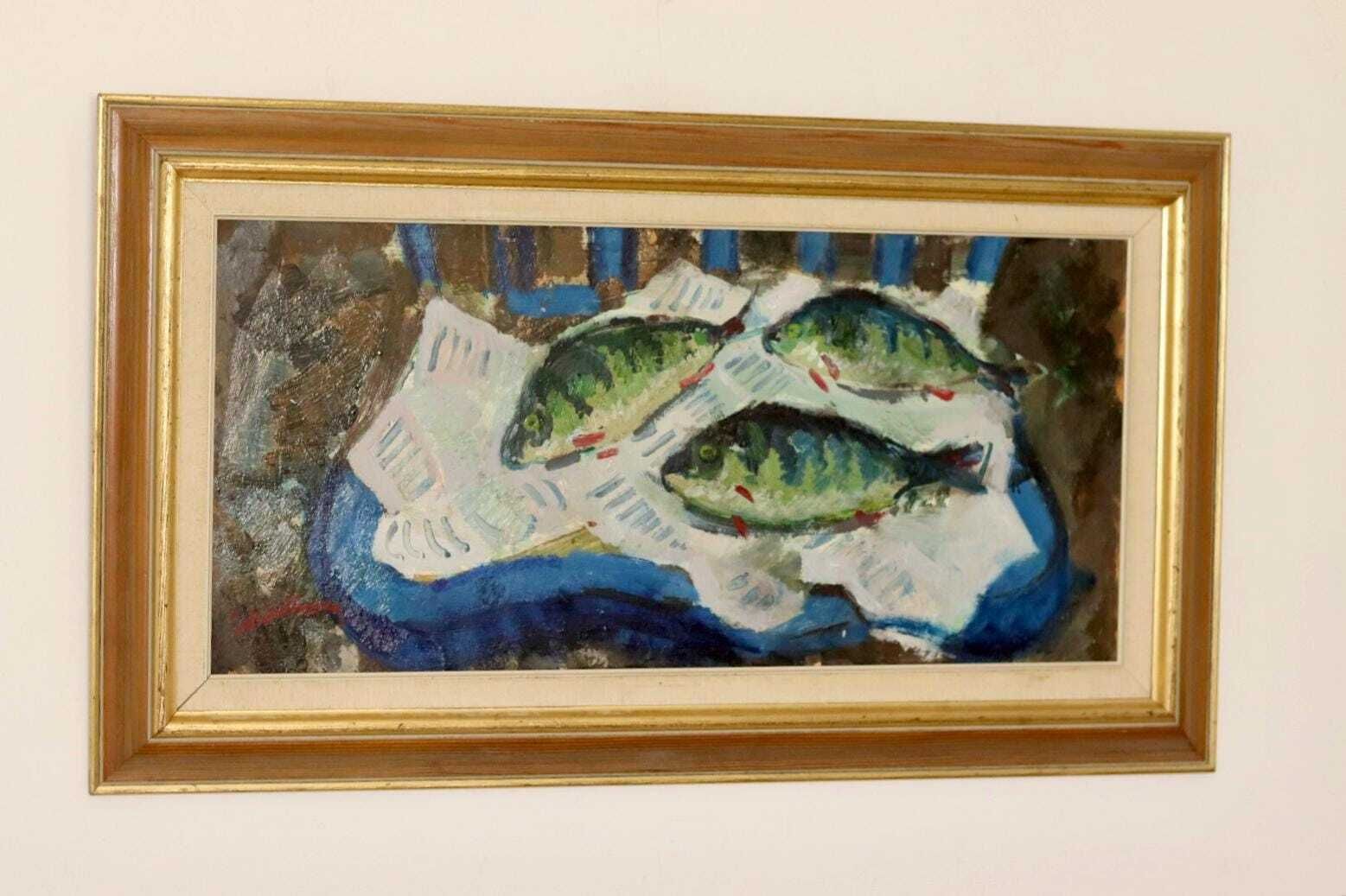 Swedish Oil On Panel Painting "Catch Of The Day" By Bertil Wahlberg  Vintage & Framed photo furniture