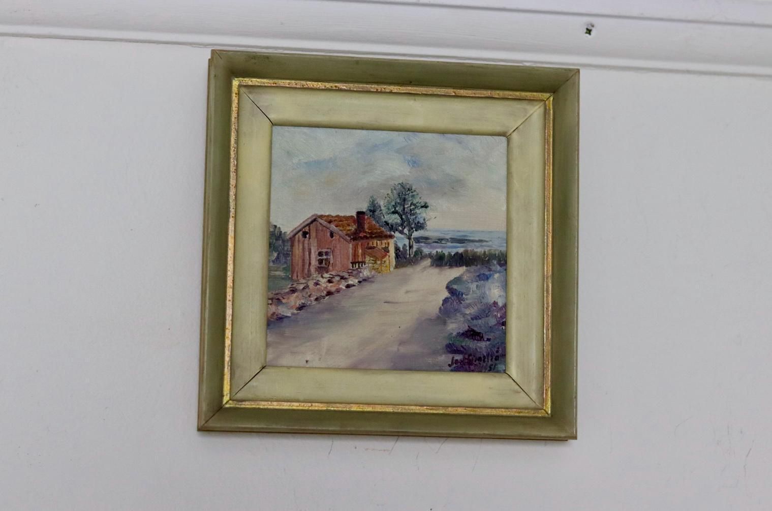 Original Swedish Mid Century Oil On Panel "Cabin" By Jon Enarhöm 1951   Vintage & Framed photo furniture
