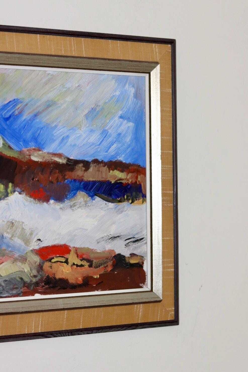 Swedish Mid Century Oil On Board Painting "Mountain Motif" By H öman  Vintage & Framed photo vinterior