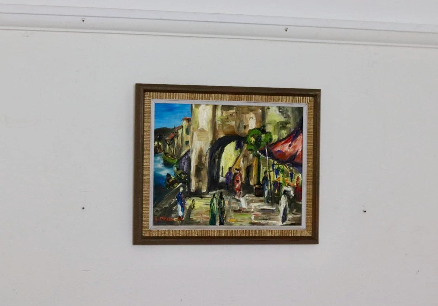 Original Swedish Mid Century Oil On Panel Painting "City By The Water" By L. Olsson  Vintage & Framed photo furniture