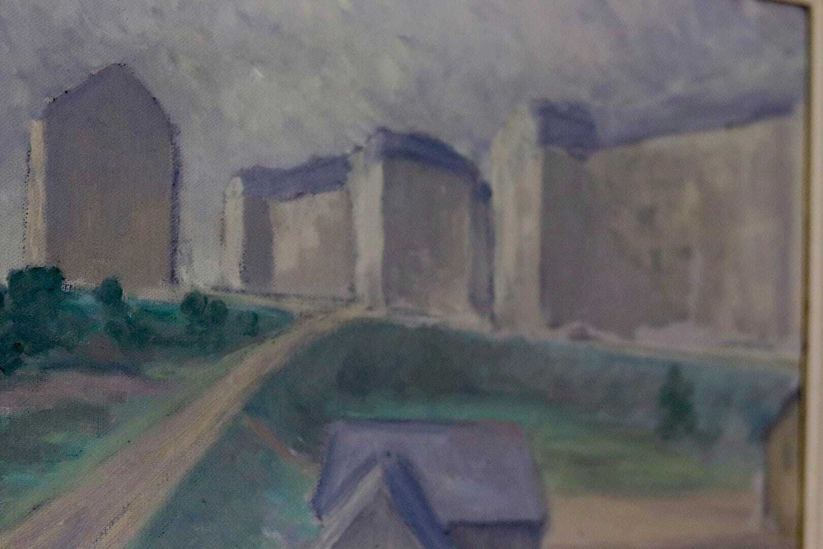 Swedish Original Oil On Canvas Painting "Muted Houses"   Vintage & Framed photo vinterior