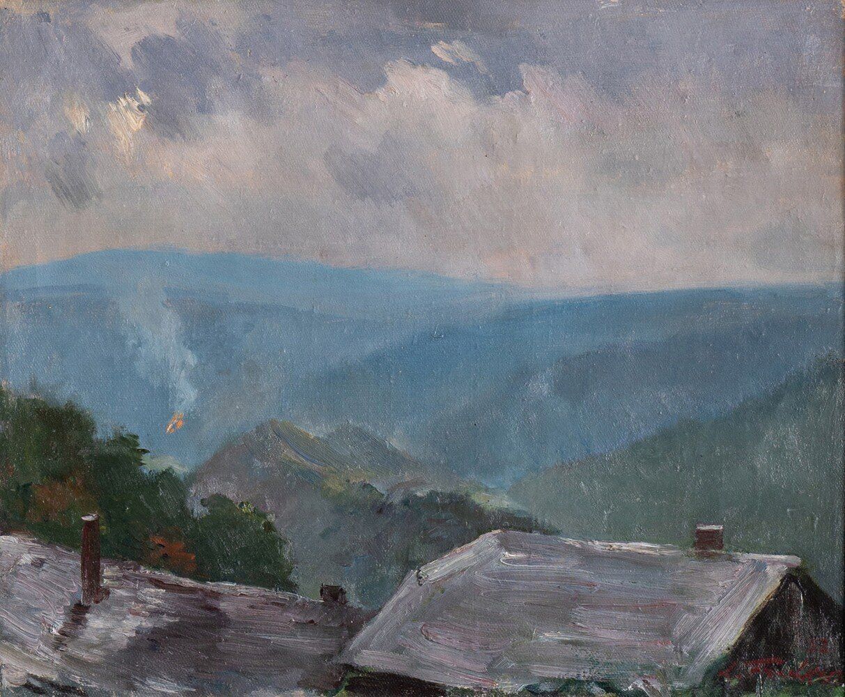Leonid Frechkop, Mountain Chalets, Oil Painting On Canvas, 1932 photo furniture