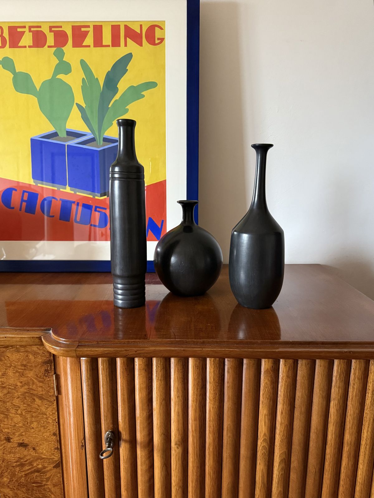 Mid Century Set Of 3 Black Bucchero Ceramic Vases, Sebastiani Gubbio Italy 1960s photo for sale