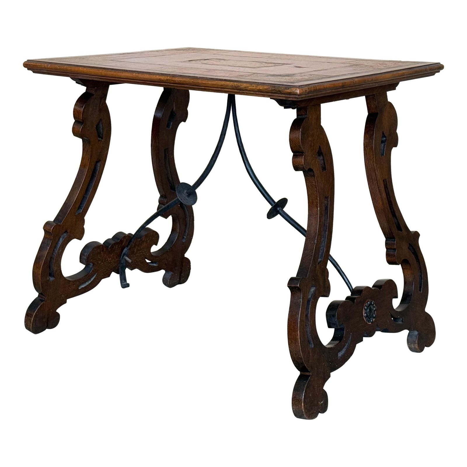 Table d'appoint baroque espagnole, pieds en lyre et plateau en marqueterie, 1850