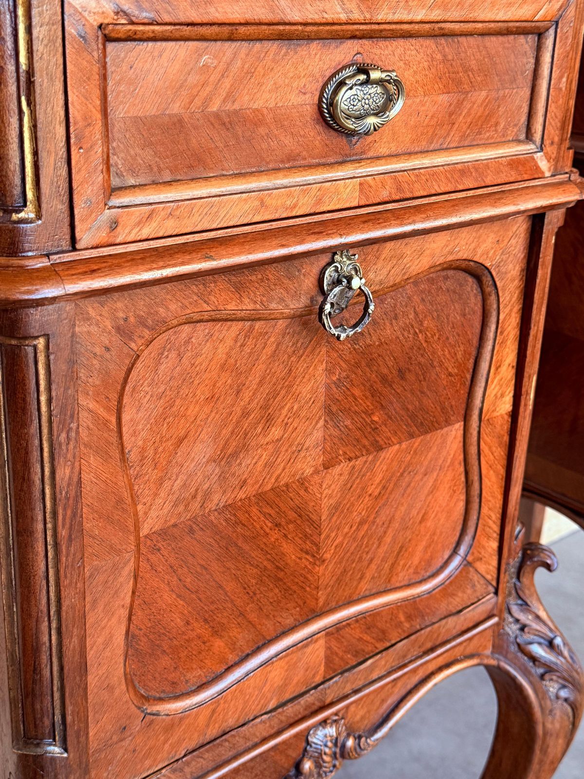 photo furniture Antique French Mahogany Night Stands With Marble Top And Crest, 1900