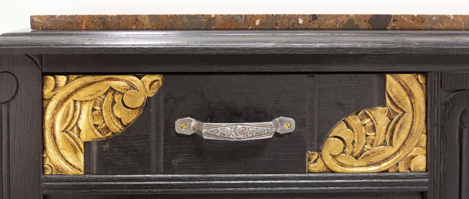 Art Deco Credenza Sideboard French Black & Golden Refinished Buffet, Circa 1930 photo vinterior