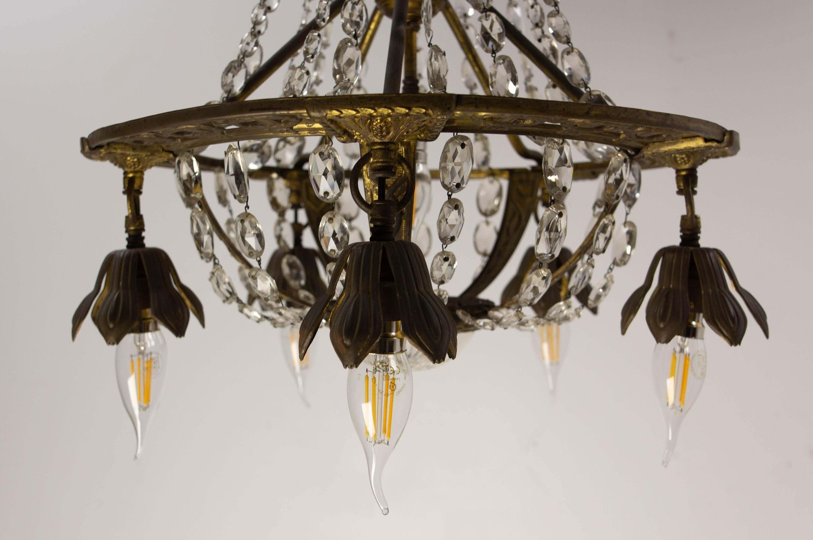 French Brass Chandelier With Crystal Drops Ceiling Pendant Midcentury Circa 1900 photo vintage