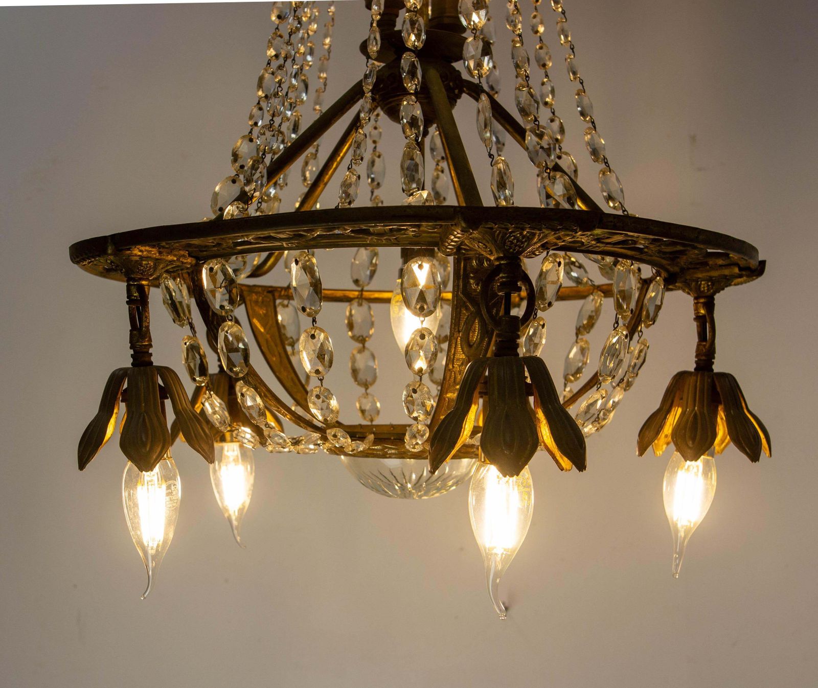 photo furniture French Brass Chandelier With Crystal Drops Ceiling Pendant Midcentury Circa 1900