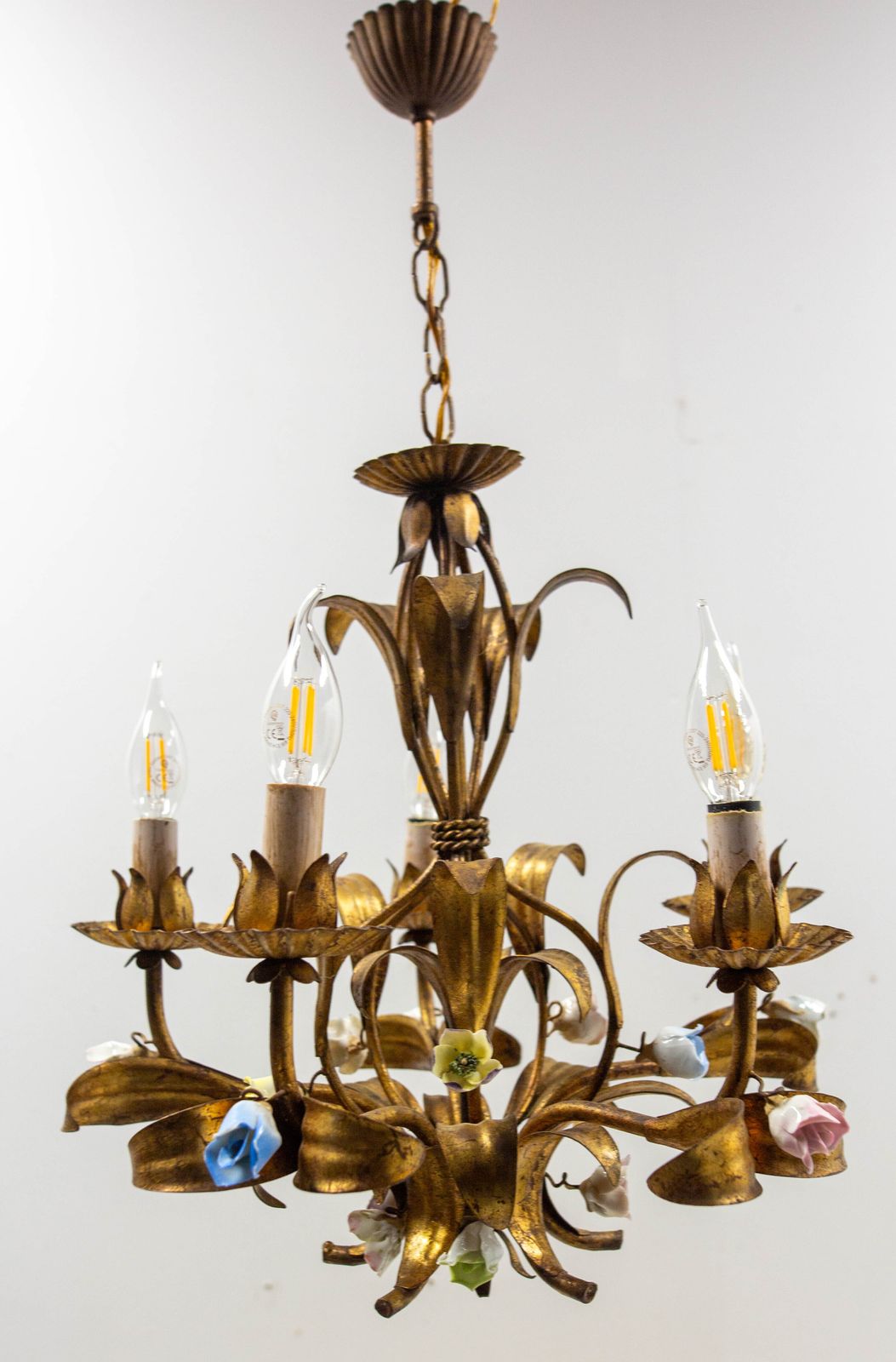 French Chandelier Golden Metal Porcelain Flowers Ceiling Pendant, C 1950 photo for sale