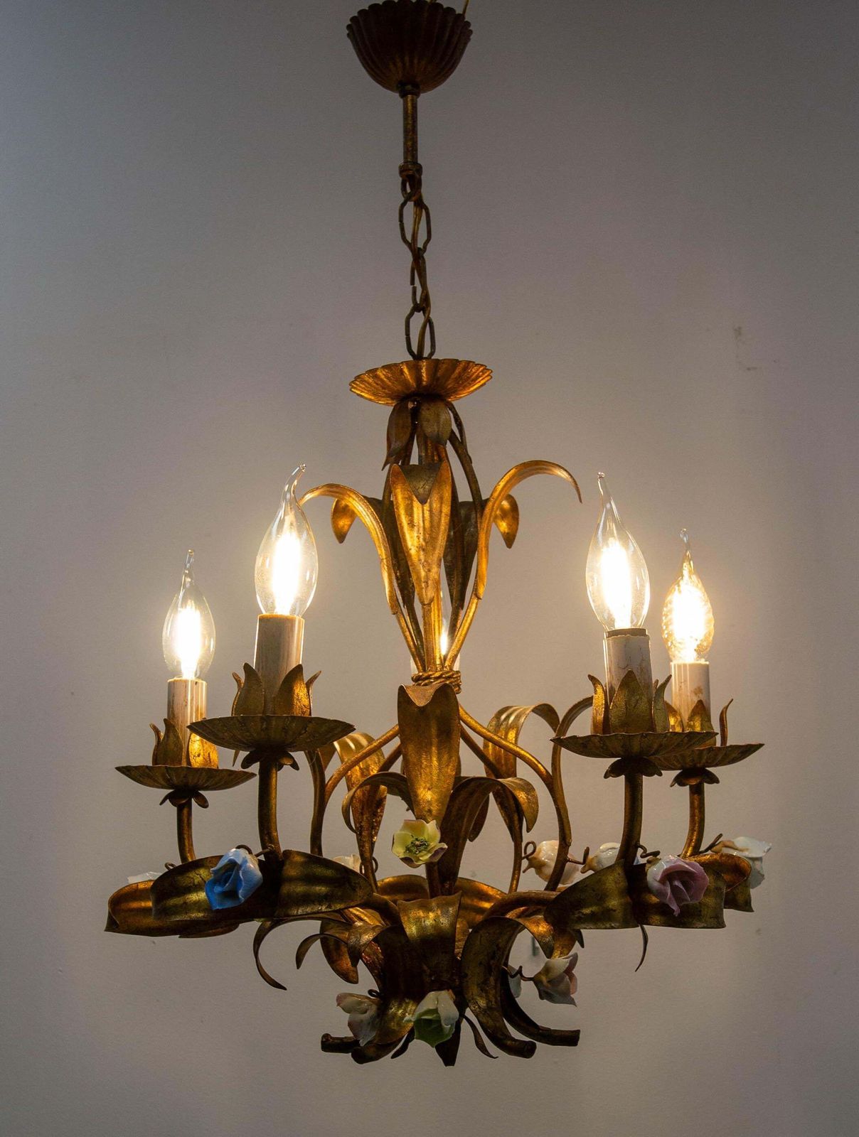 French Chandelier Golden Metal Porcelain Flowers Ceiling Pendant, C 1950 photo Lighting