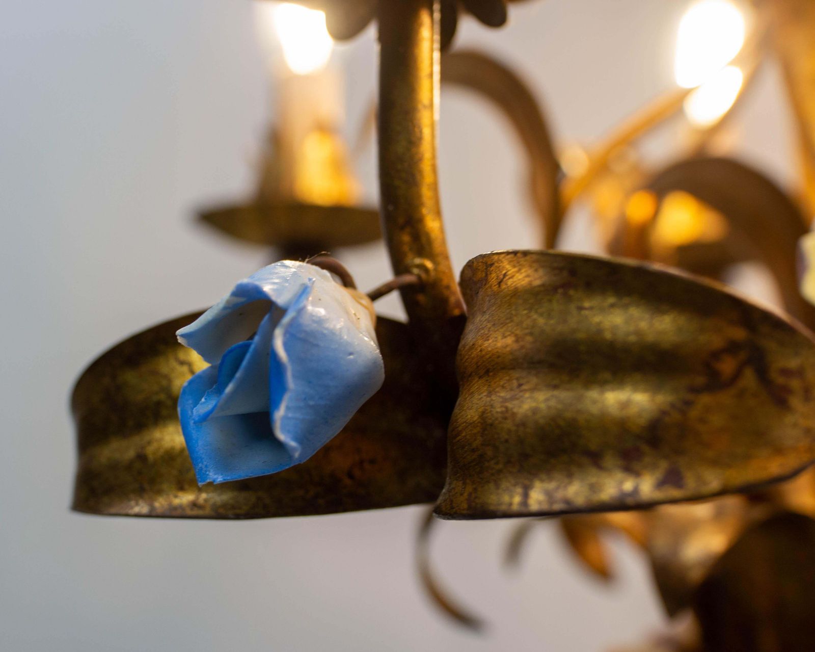 French Chandelier Golden Metal Porcelain Flowers Ceiling Pendant, C 1950 photo vintage