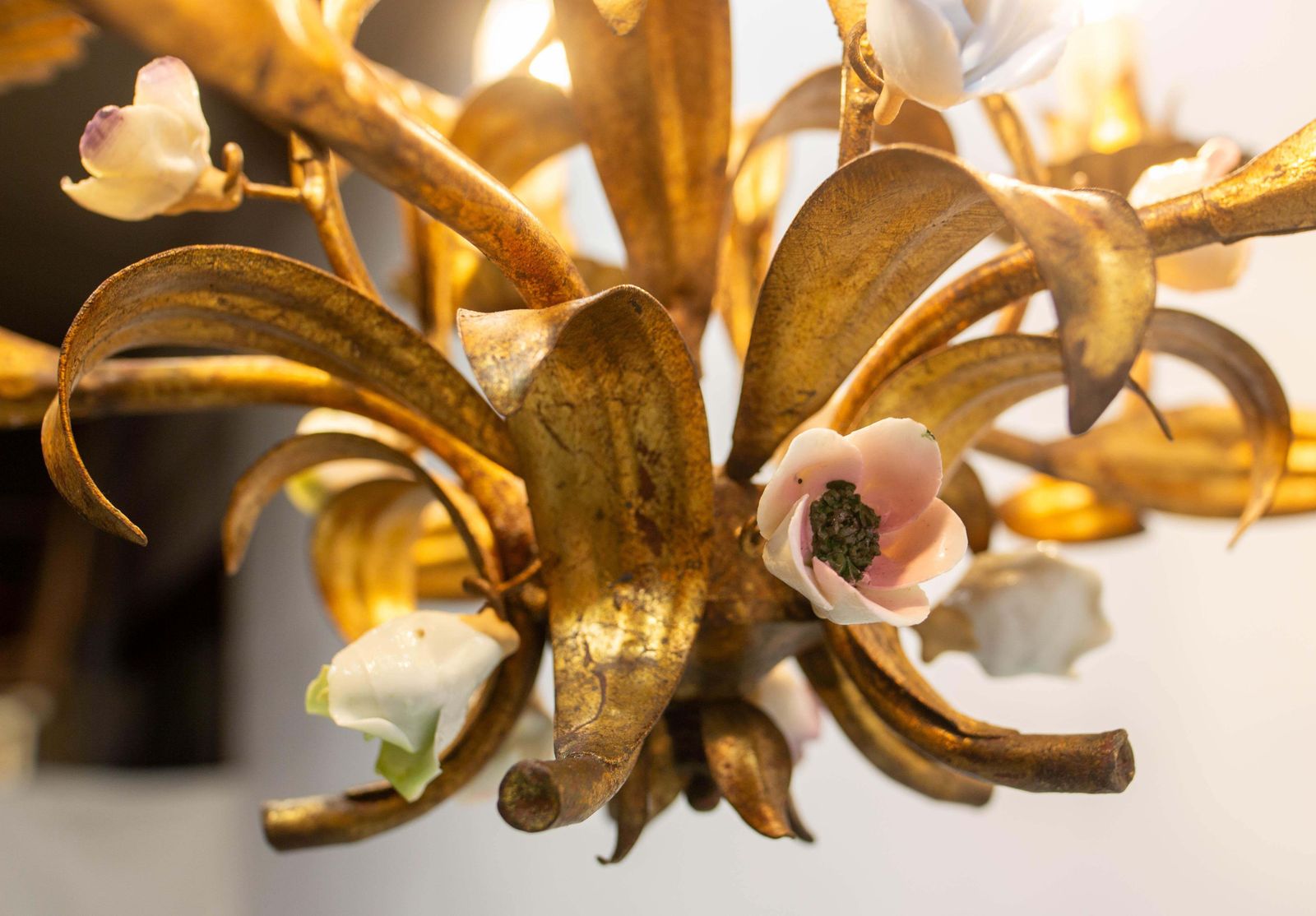 photo furniture French Chandelier Golden Metal Porcelain Flowers Ceiling Pendant, C 1950