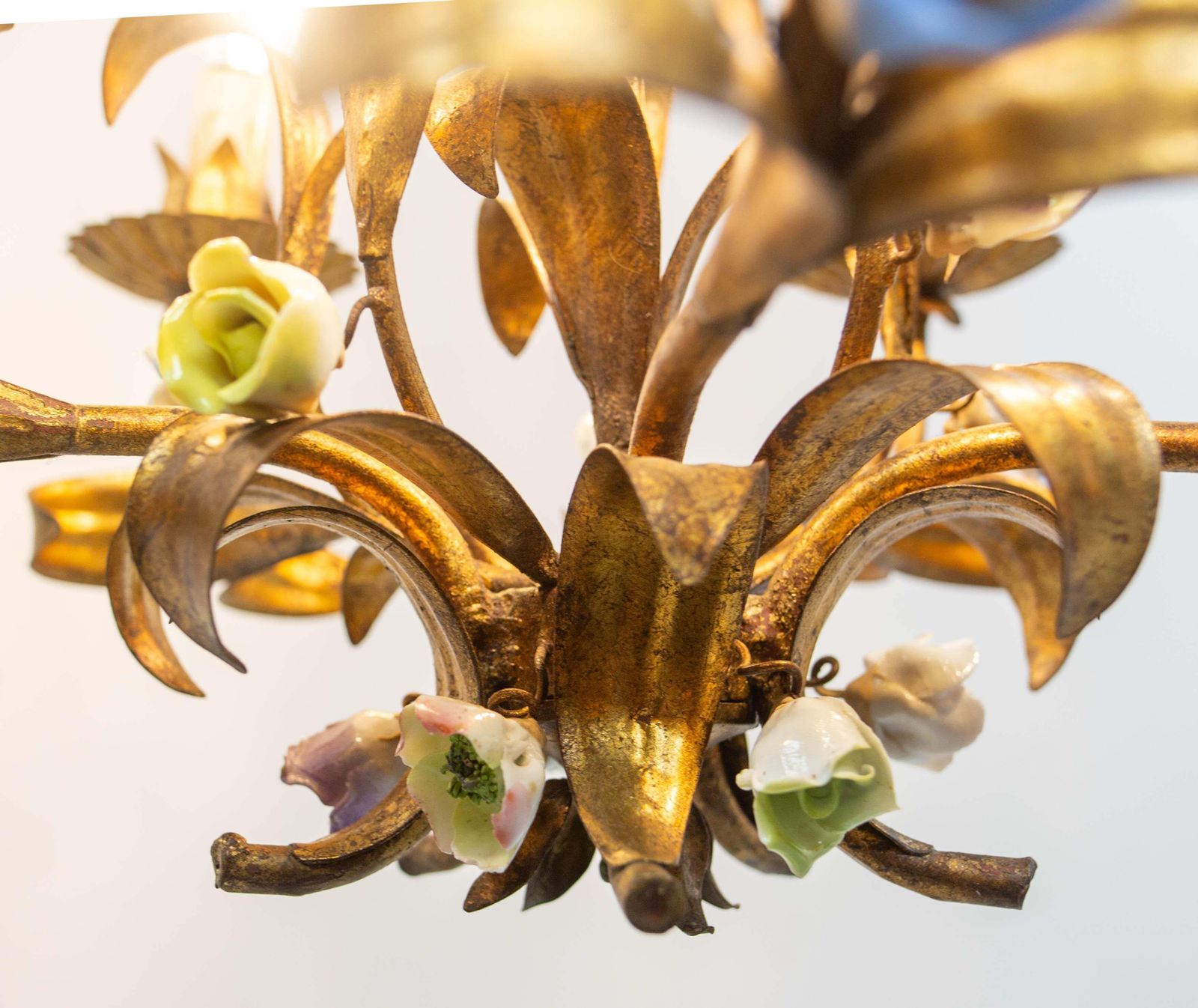 1073.0 French Chandelier Golden Metal Porcelain Flowers Ceiling Pendant, C 1950 photo