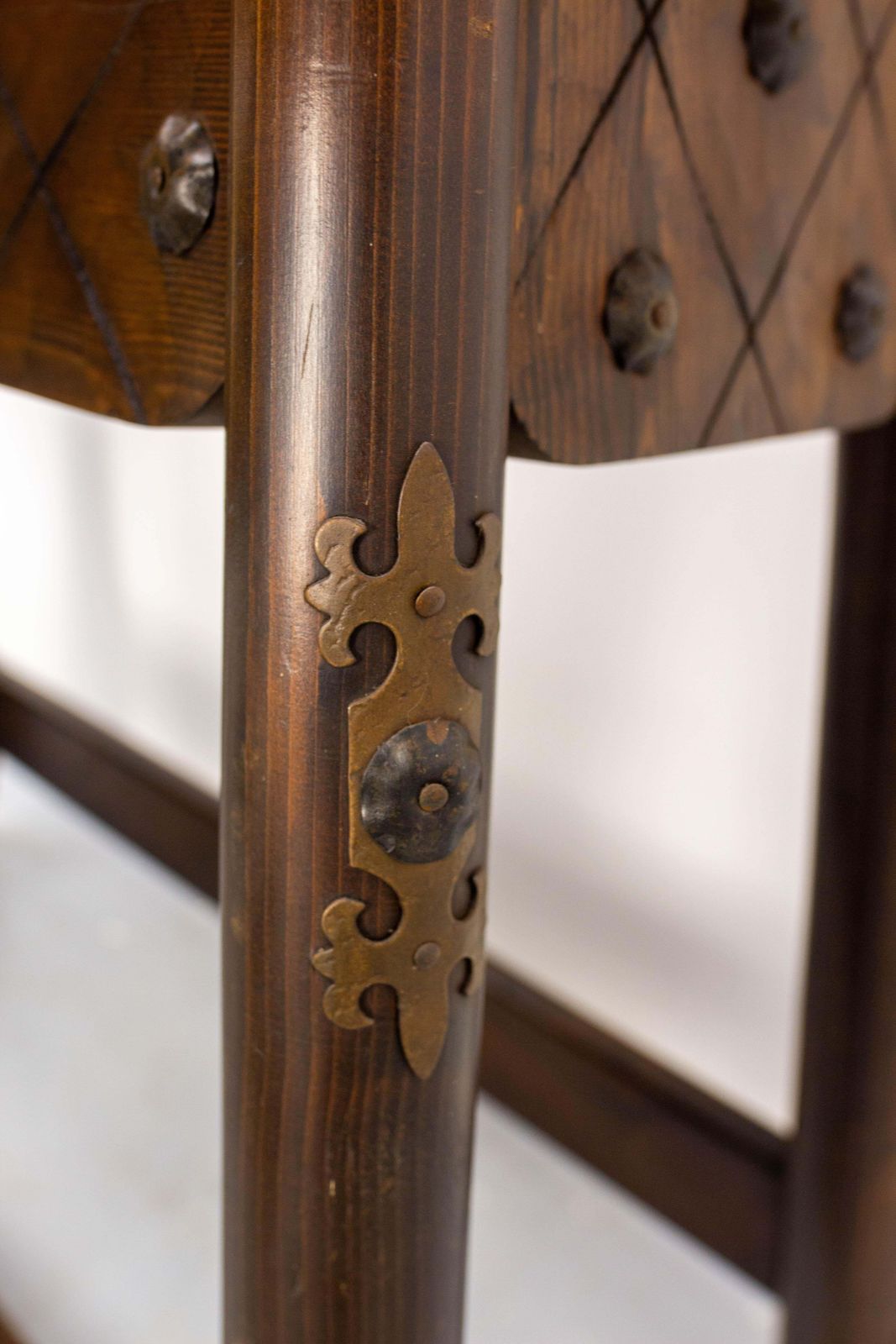 French Vintage Dry Bar Counter Spanish Style Pine Rope & Studs Two Stools C 1960 photo buy