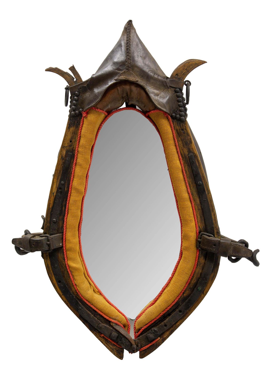 French Draught Horse Yoke Collar Mirror Leather Wood Iron 19th Century photo furniture