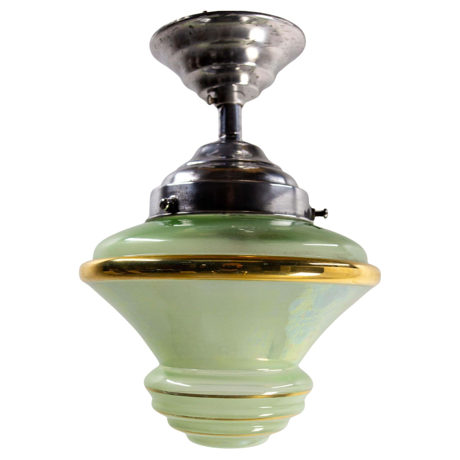 French Art Deco Chandelier Green Art Glass & Aluminium Ceiling Pendant, C 1920