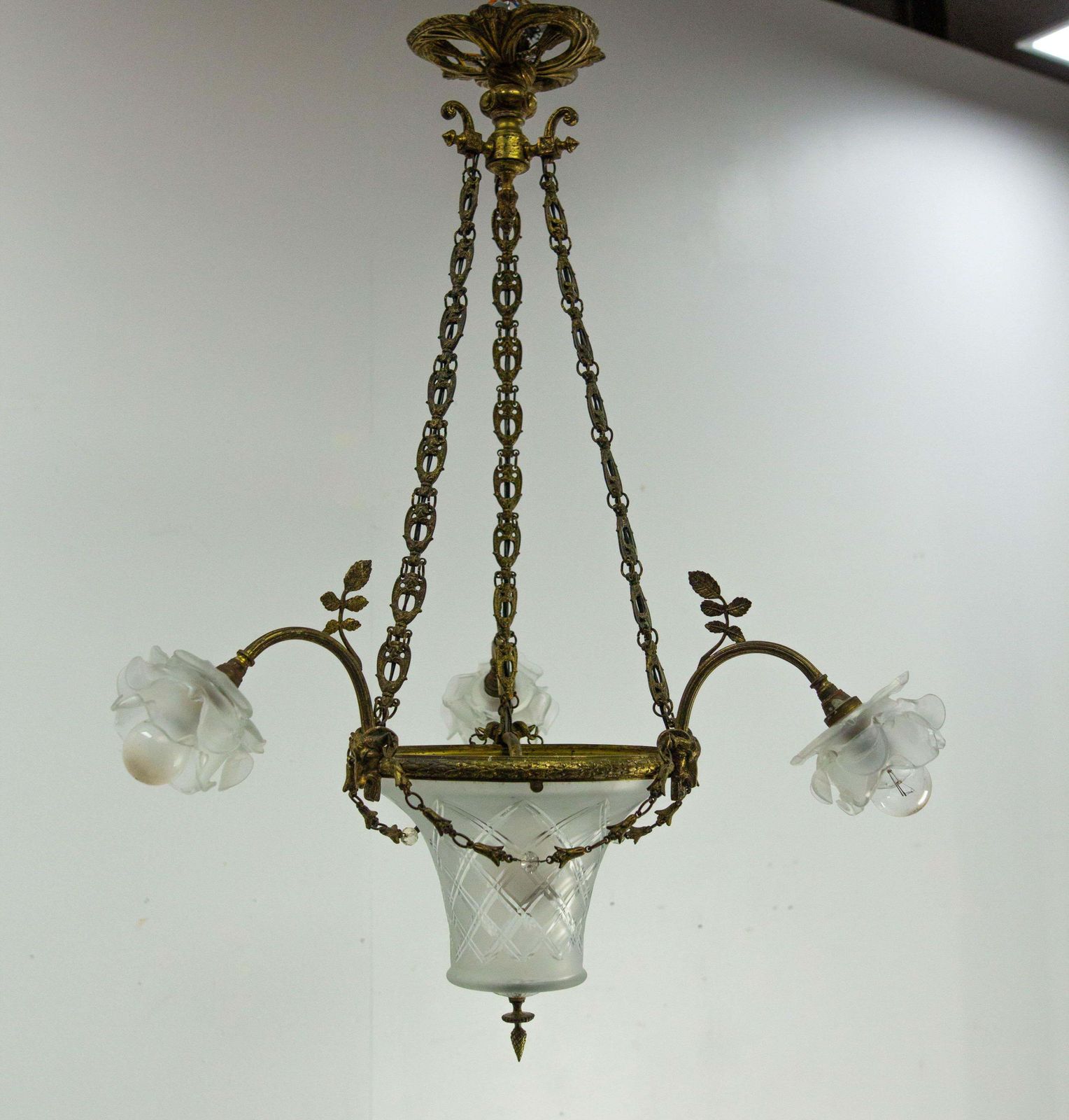 French Lustre Brass & Frozen Glass Ceiling Pendant Chandelier Circa 1910 photo furniture
