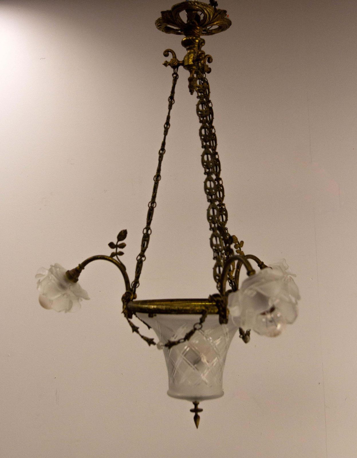 French Lustre Brass & Frozen Glass Ceiling Pendant Chandelier Circa 1910 photo 1427.0