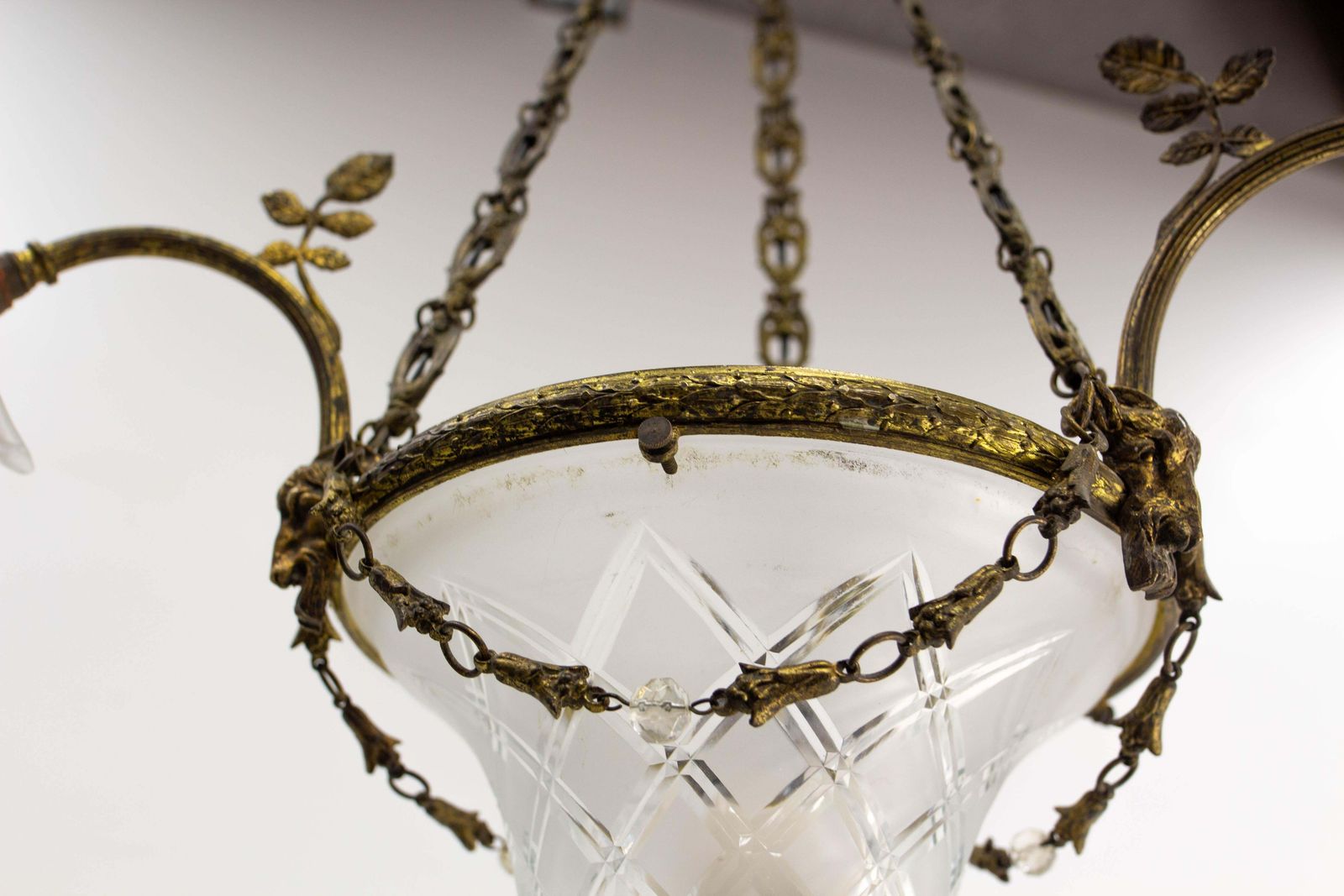 photo furniture French Lustre Brass & Frozen Glass Ceiling Pendant Chandelier Circa 1910