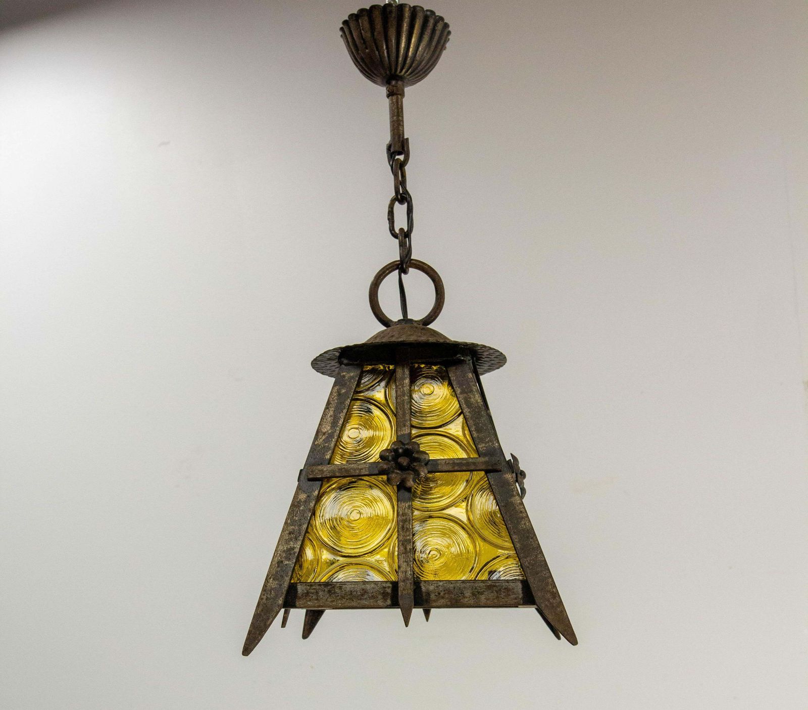 French Lustre Colored Glass &  Iron Ceiling Pendant Chandelier Circa 1960 photo furniture
