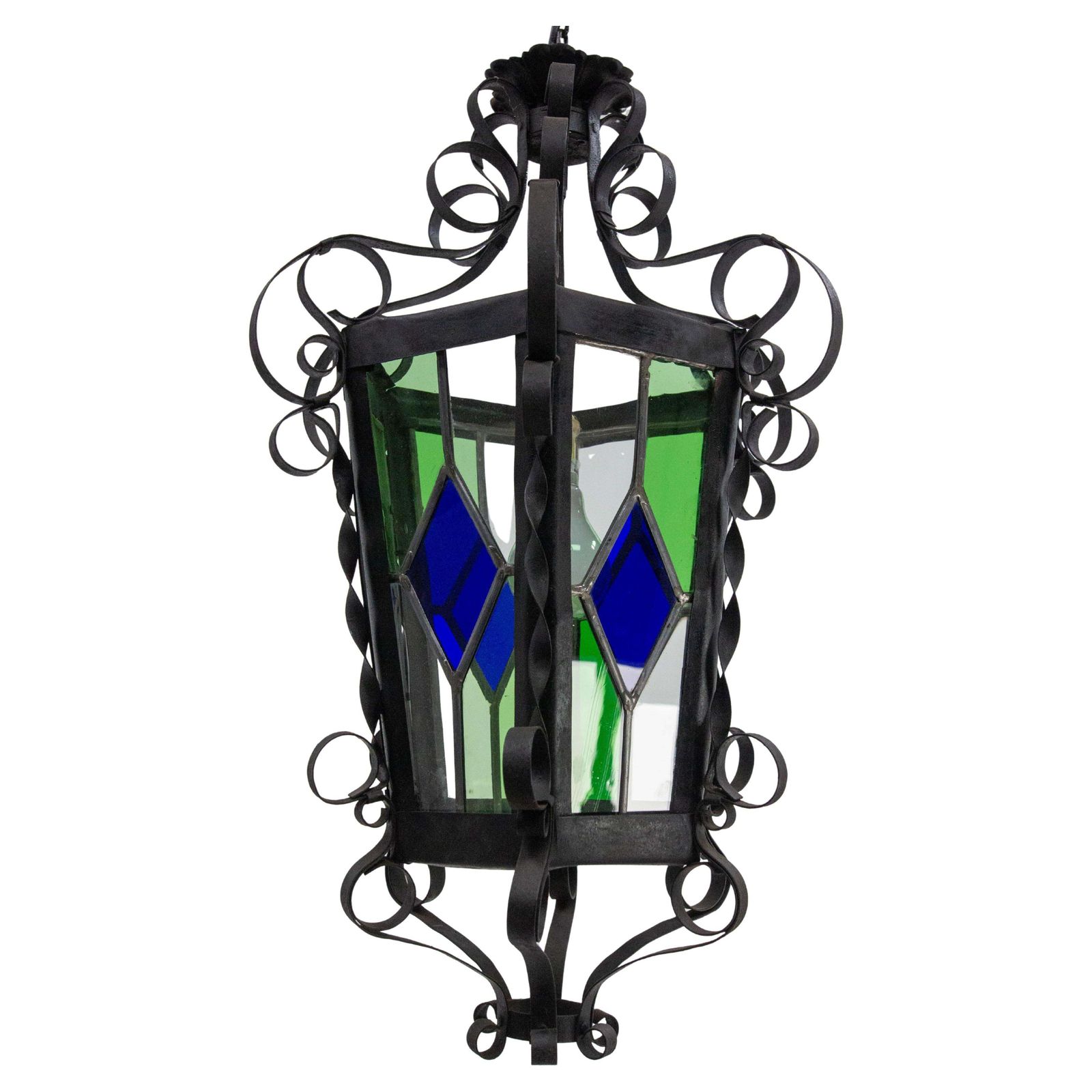 French Lustre Colored Glass & Wrought Iron Ceiling Pendant Chandelier Late 19thc