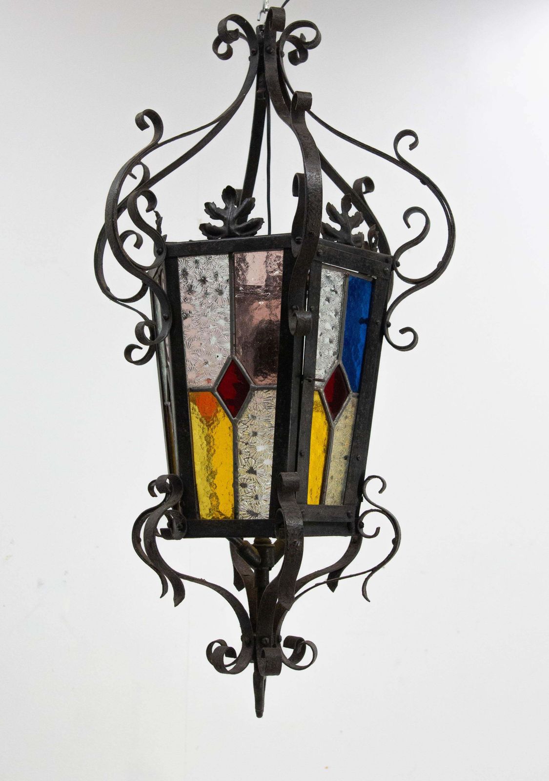 French Lustre Colored Glass & Wrought Iron Ceiling Pendant Chandelier Late 19thc photo furniture