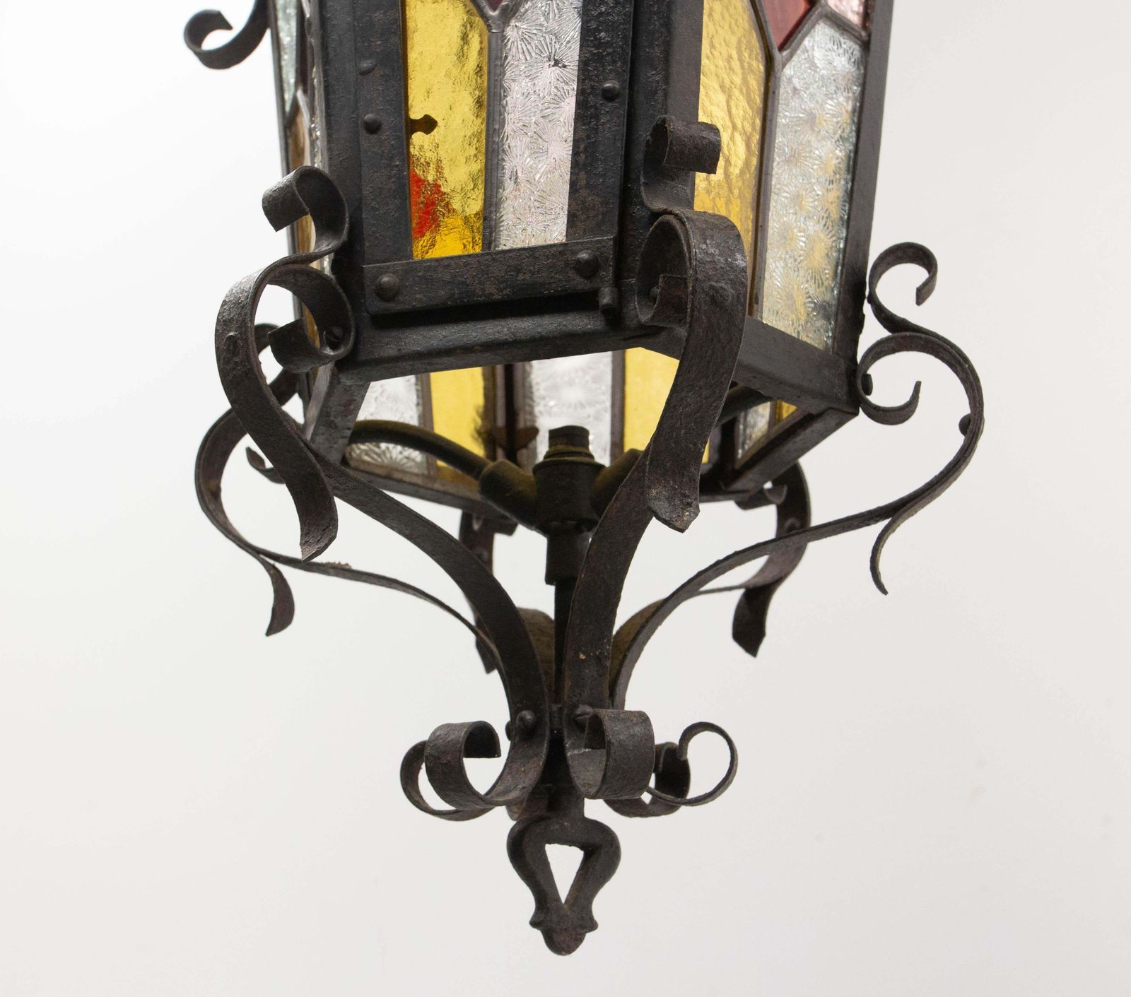 French Lustre Colored Glass & Wrought Iron Ceiling Pendant Chandelier Late 19thc photo 1148.0