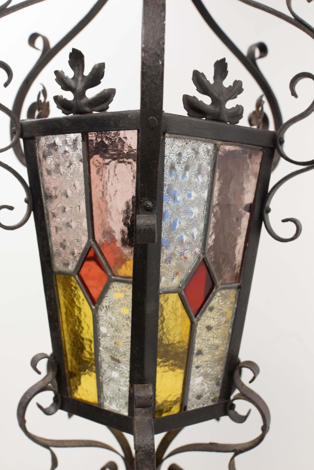 French Lustre Colored Glass & Wrought Iron Ceiling Pendant Chandelier Late 19thc photo vintage
