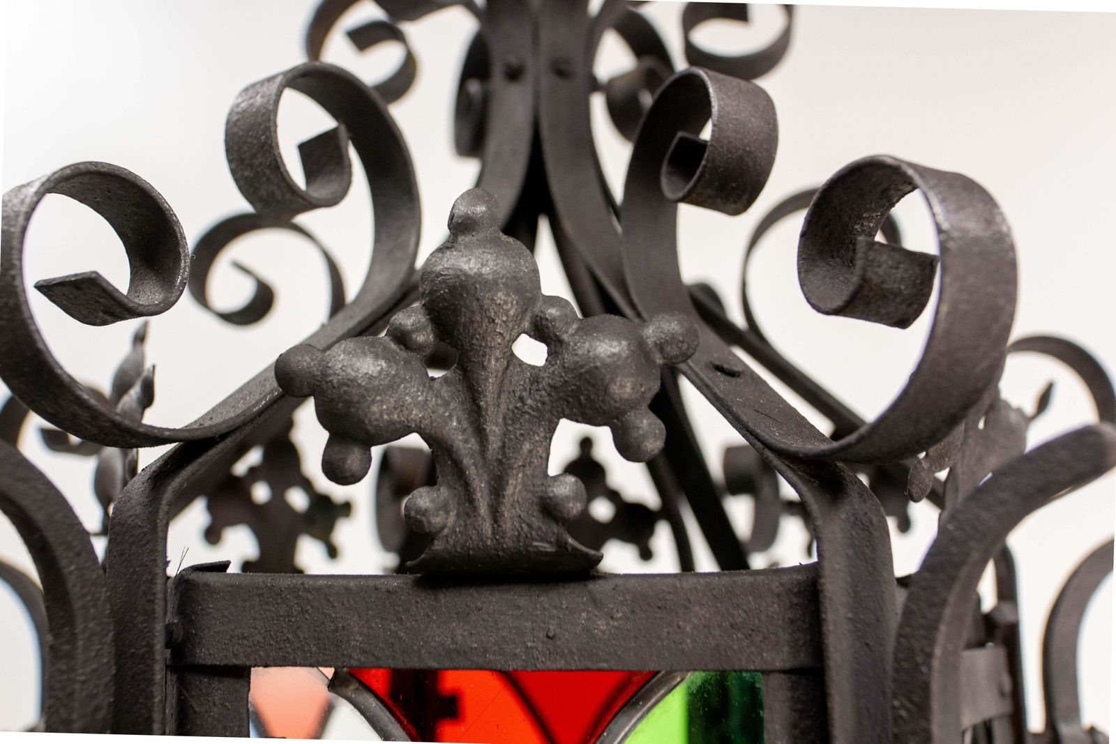 French Lustre Colored Glass & Wrought Iron Ceiling Pendant Chandelier Late 19thc photo buy