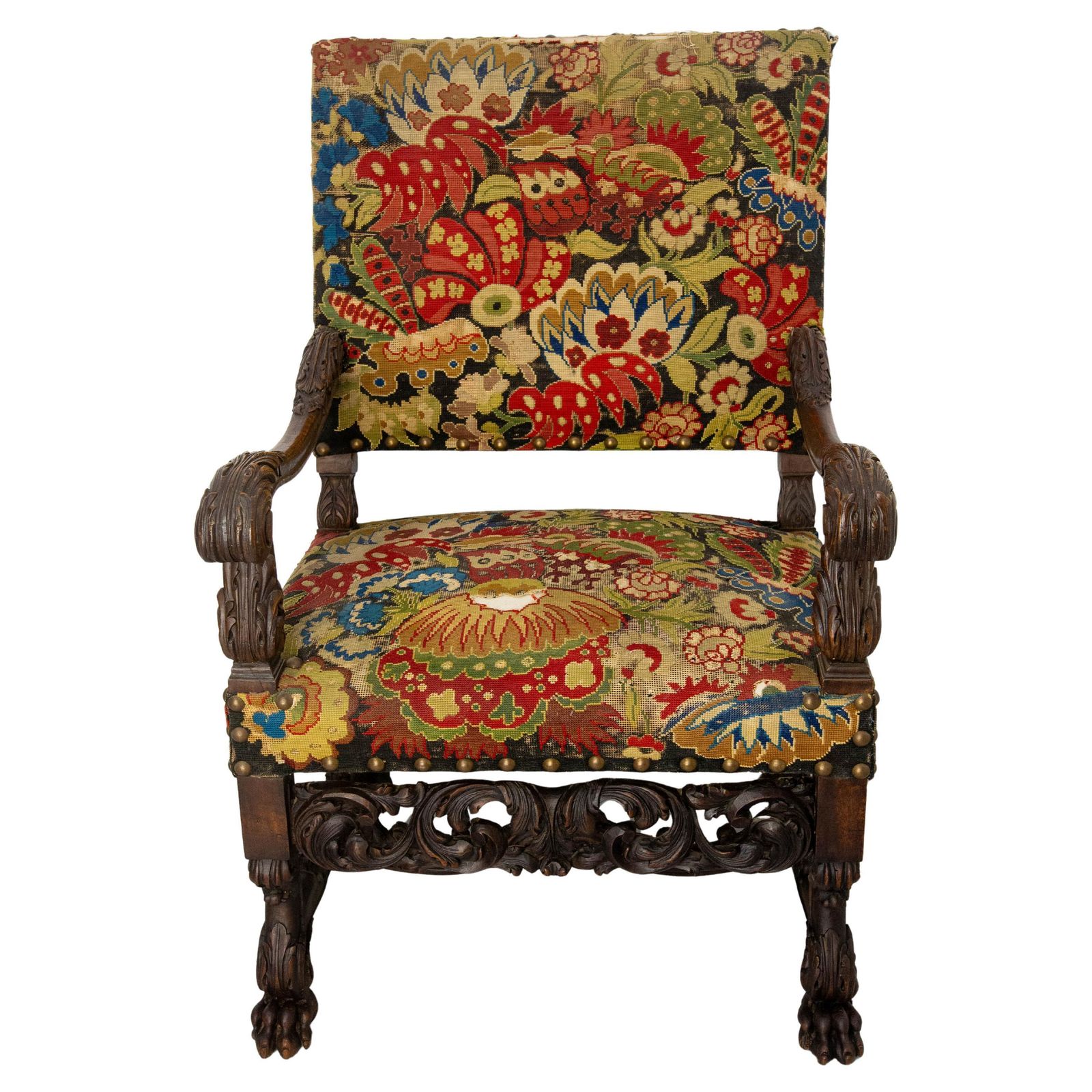 English Victorian Walnut Armchair Lion Paws Feet, Late 19th Century