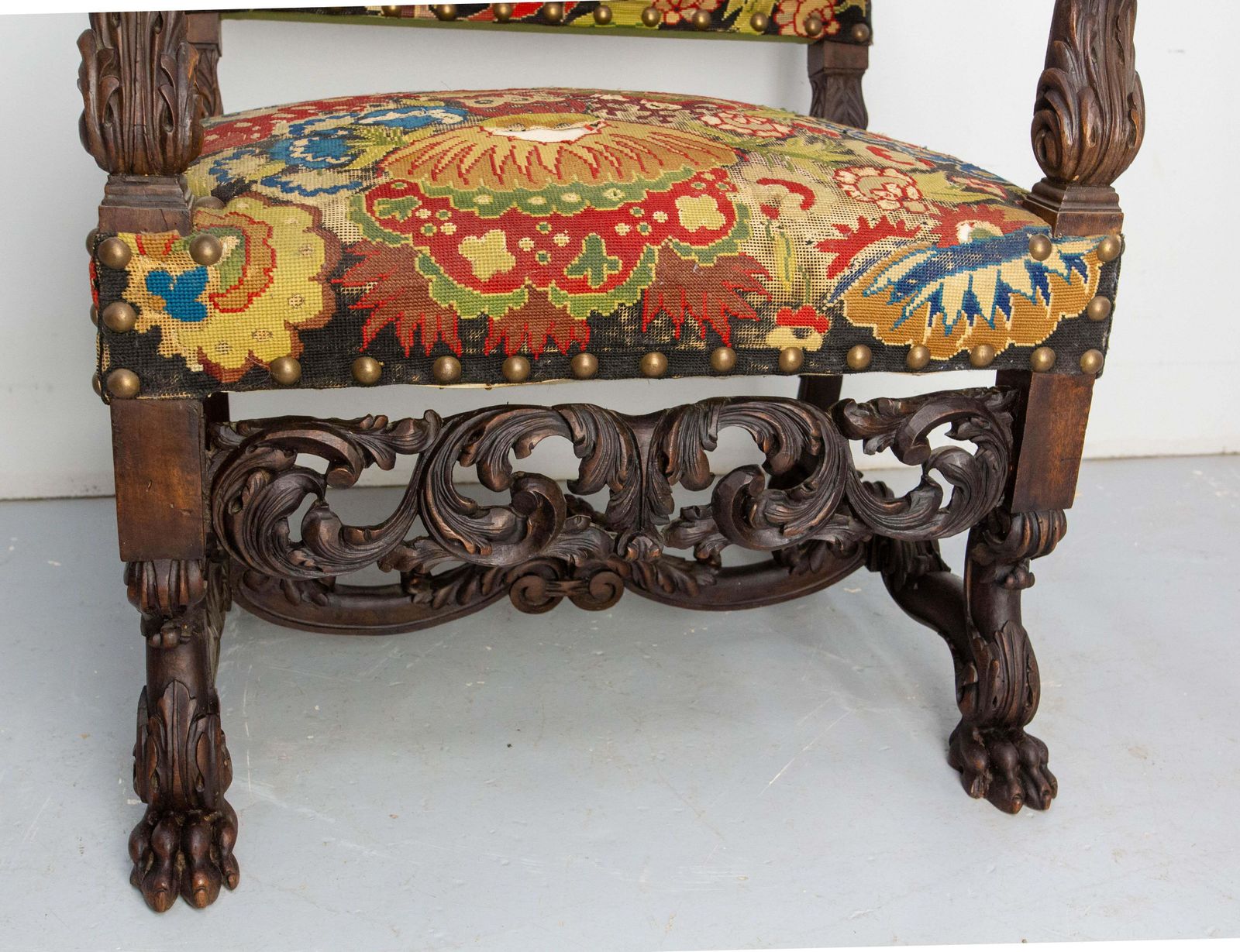 photo furniture English Victorian Walnut Armchair Lion Paws Feet, Late 19th Century