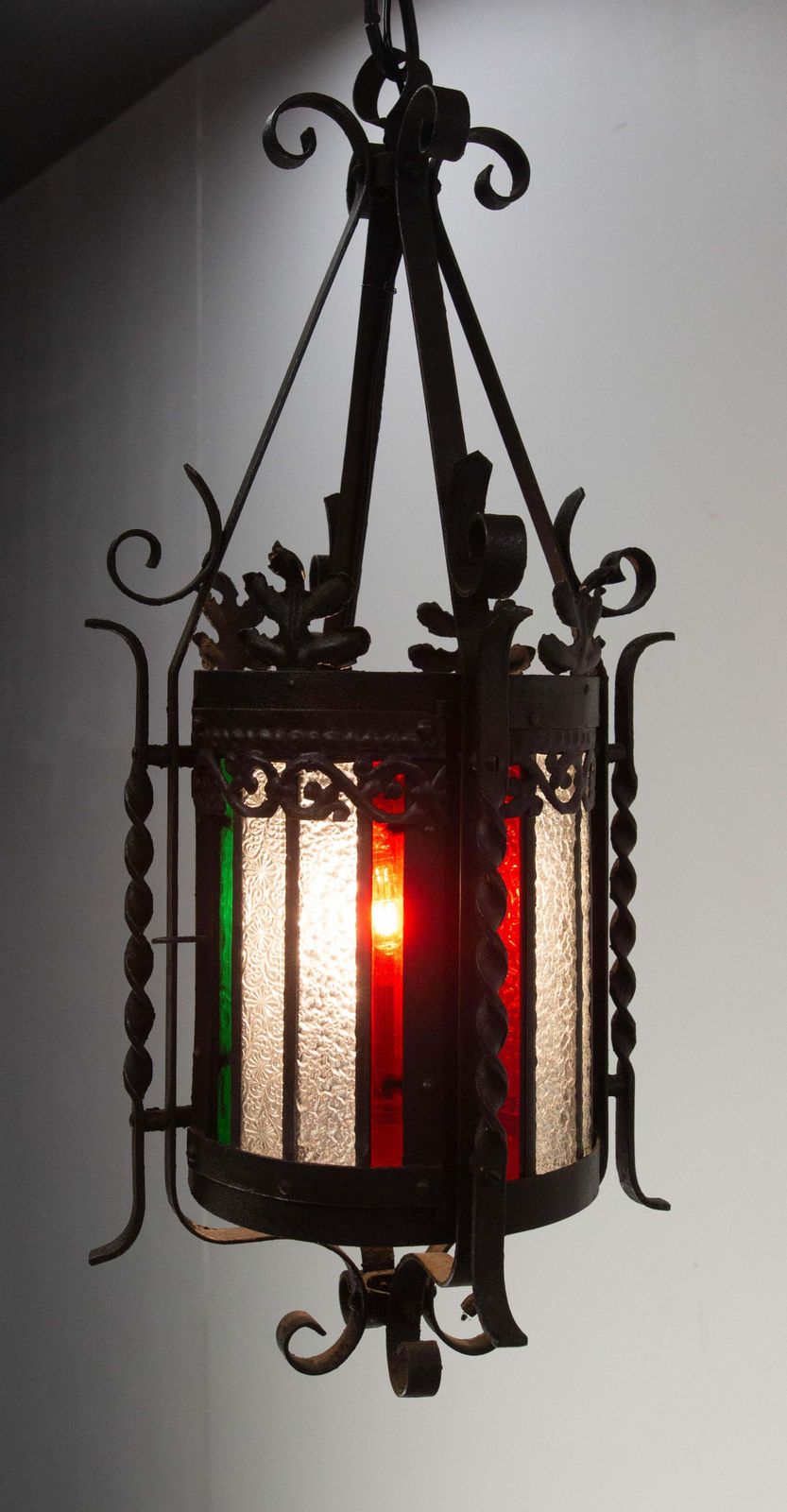 French Lustre Colored Glass & Wrought Iron Ceiling Pendant Chandelier Late 19thc photo Lighting