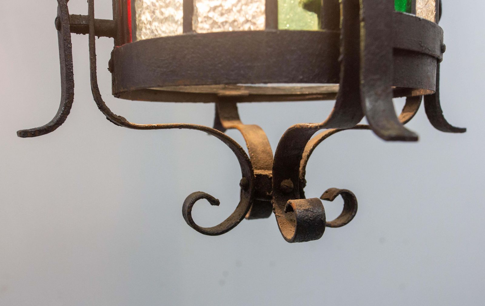 photo furniture French Lustre Colored Glass & Wrought Iron Ceiling Pendant Chandelier Late 19thc