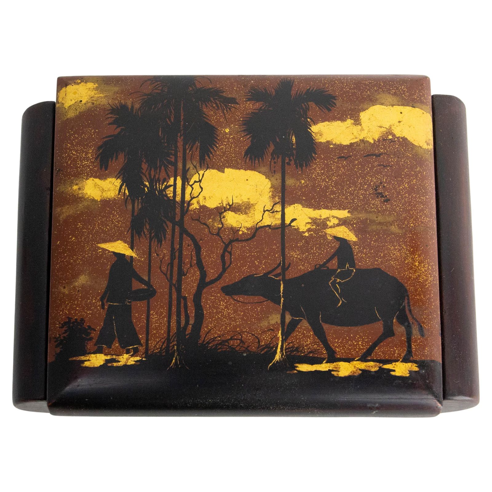 Lacquered Jewels Box, Scene Of Rural Life Wood Velvet & Mirror, Vietnam, C 1960