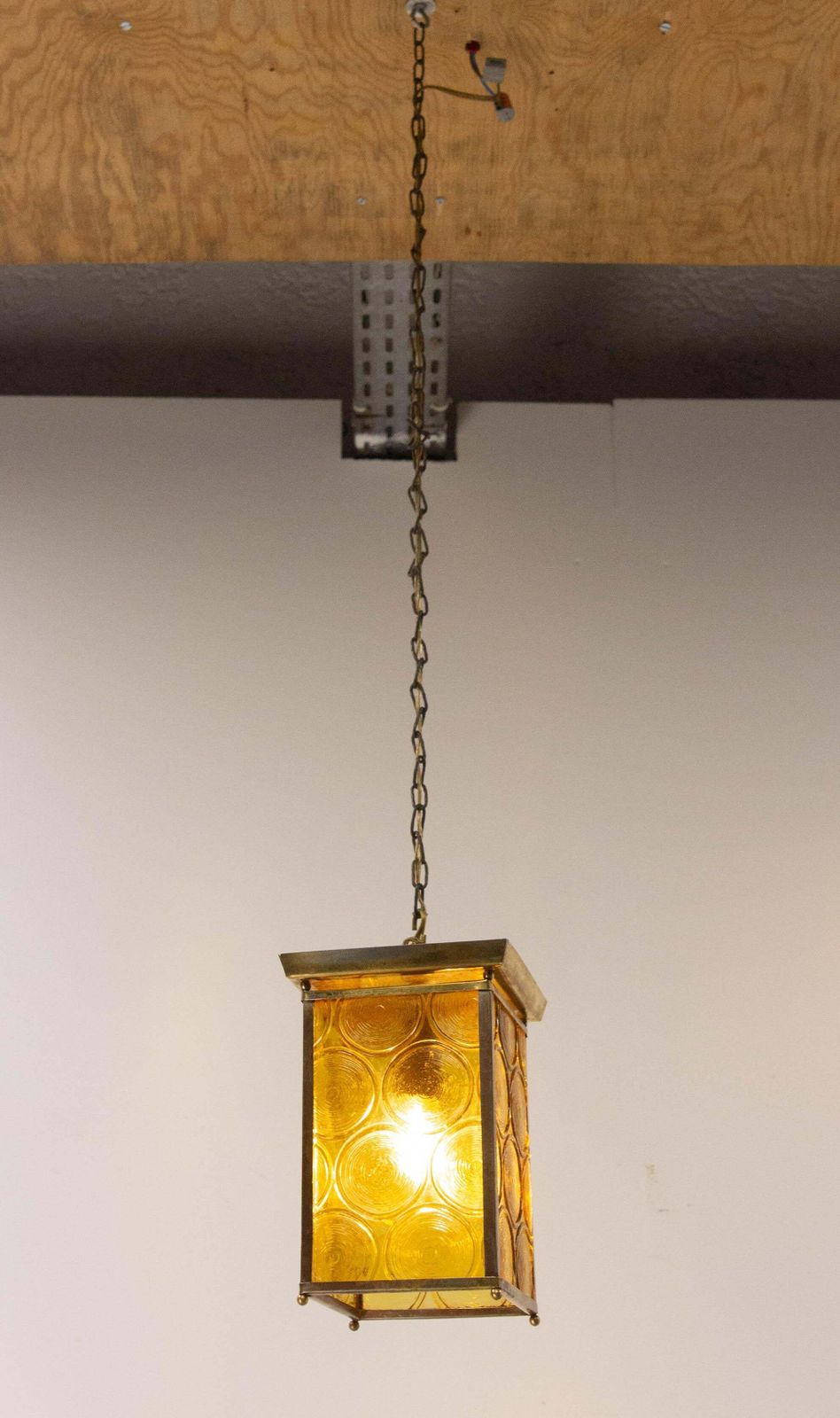 French Ceiling Lamp Brass Yellow Glass Pendant Lustre, Circa 1970 photo for sale