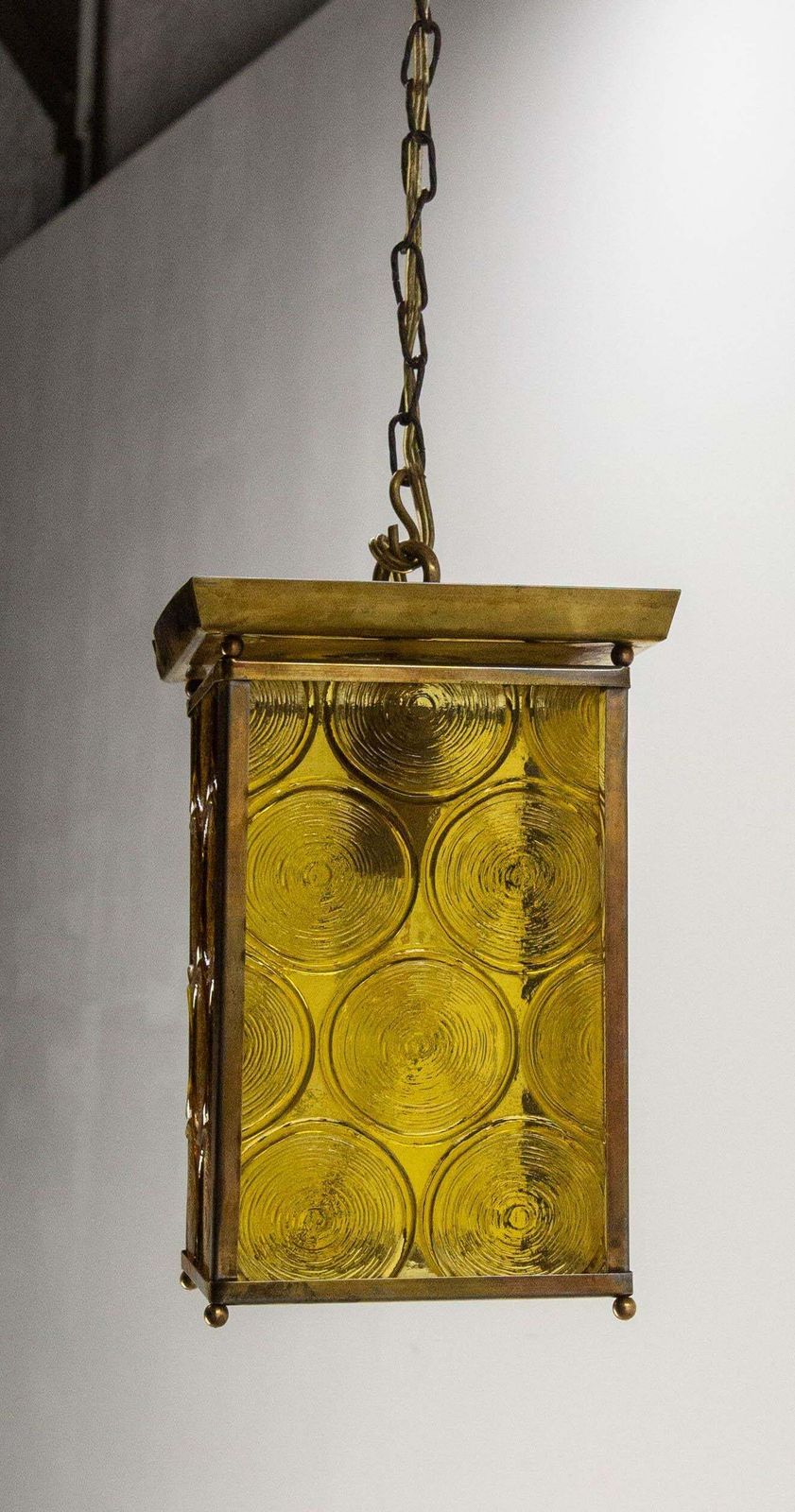 French Ceiling Lamp Brass Yellow Glass Pendant Lustre, Circa 1970 photo 545.0
