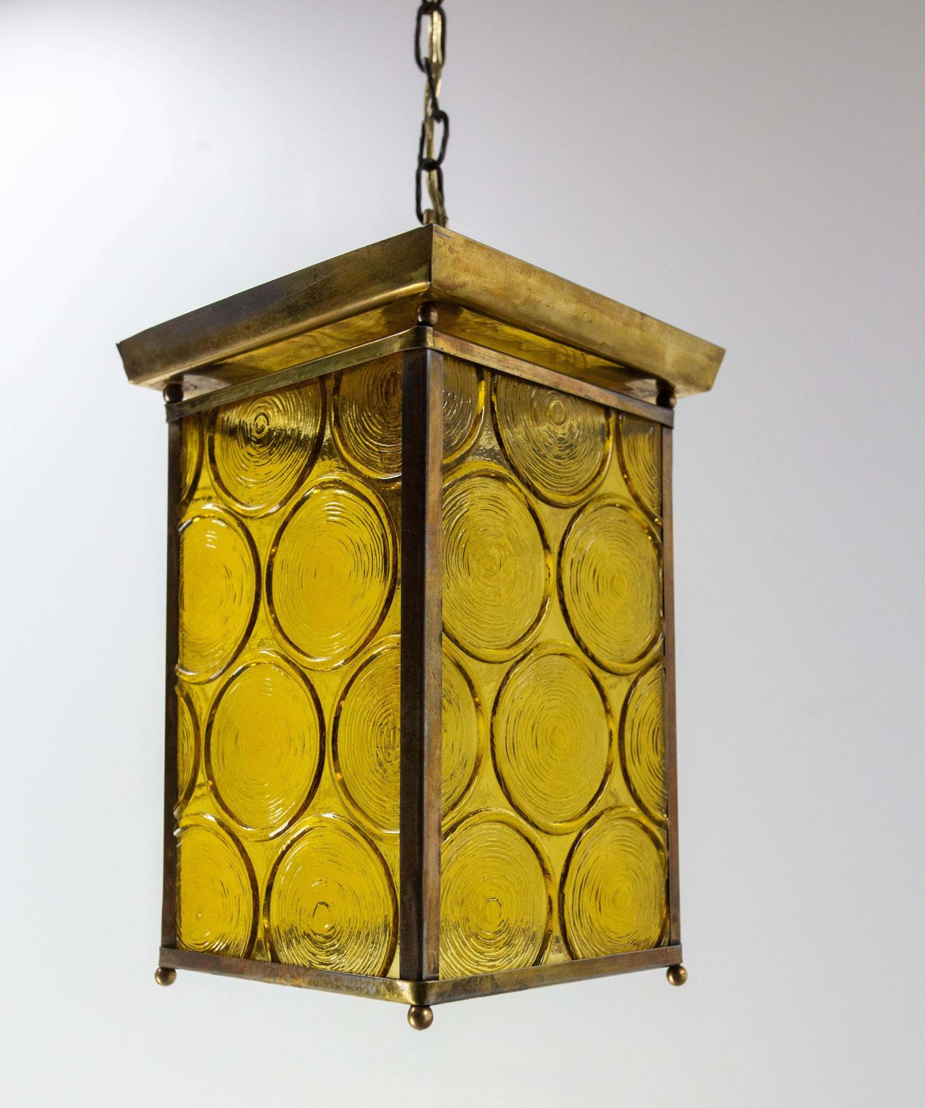 French Ceiling Lamp Brass Yellow Glass Pendant Lustre, Circa 1970 photo vinterior