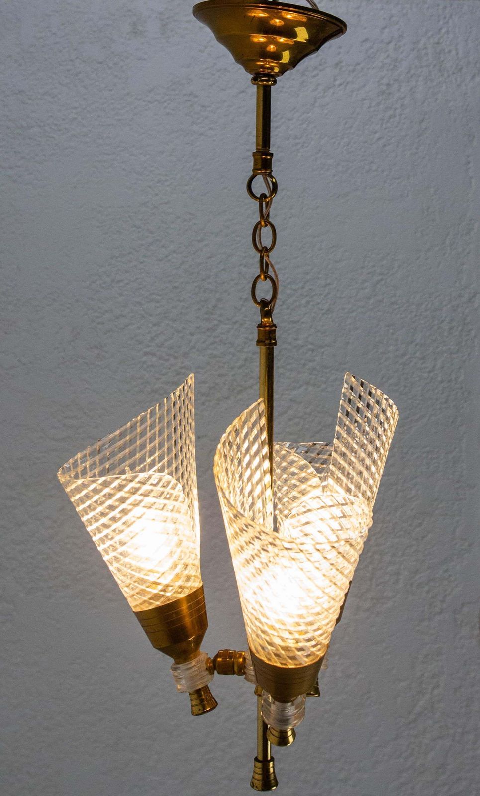 French Ceiling Pendant Glass & Brass Chandelier Lustre Guariche Style Circa 1960 photo vinterior