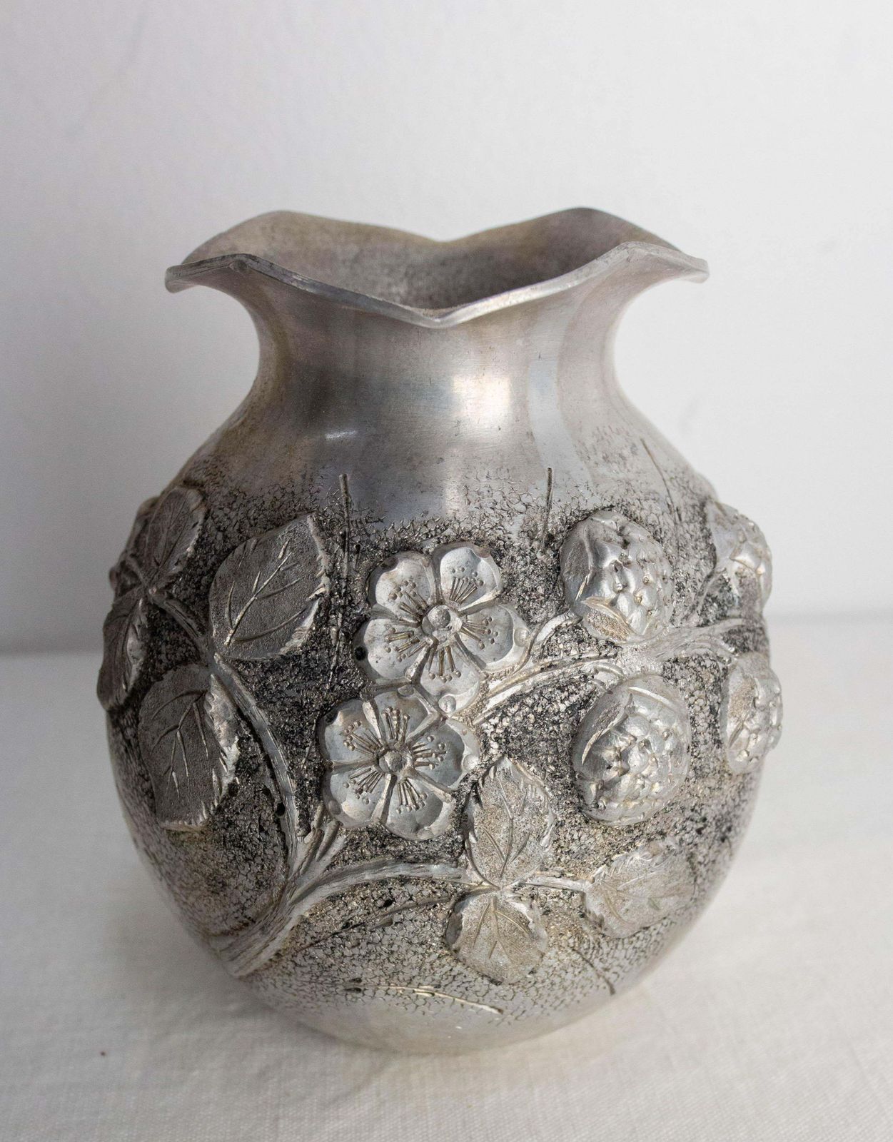 French Set Three Vases Aluminium Vegetal Decoration Circa 1930 photo 293.0