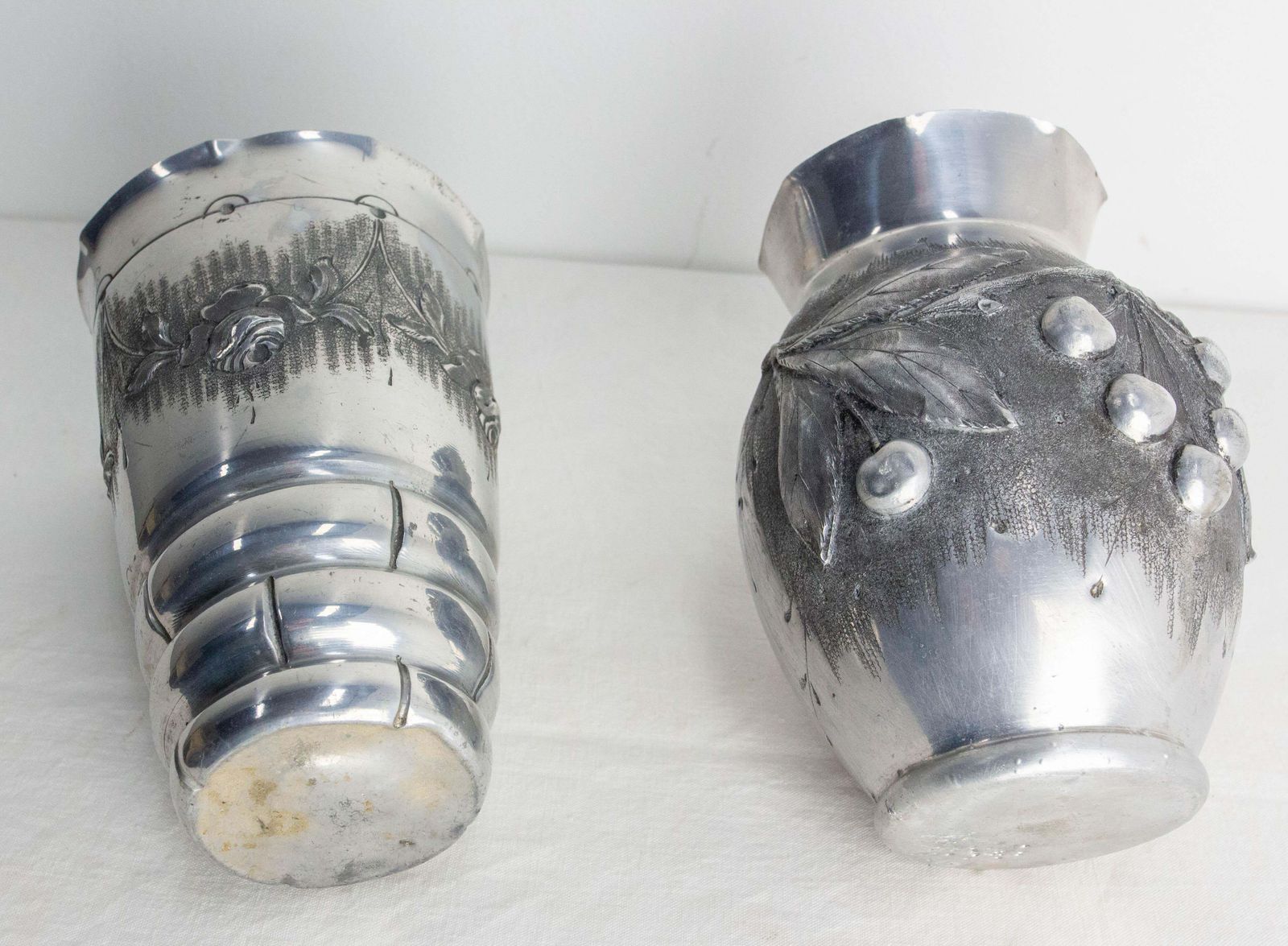 French Set Two Vases Aluminium Embossed Metal Vegetal Decoration Circa 1930 photo for sale