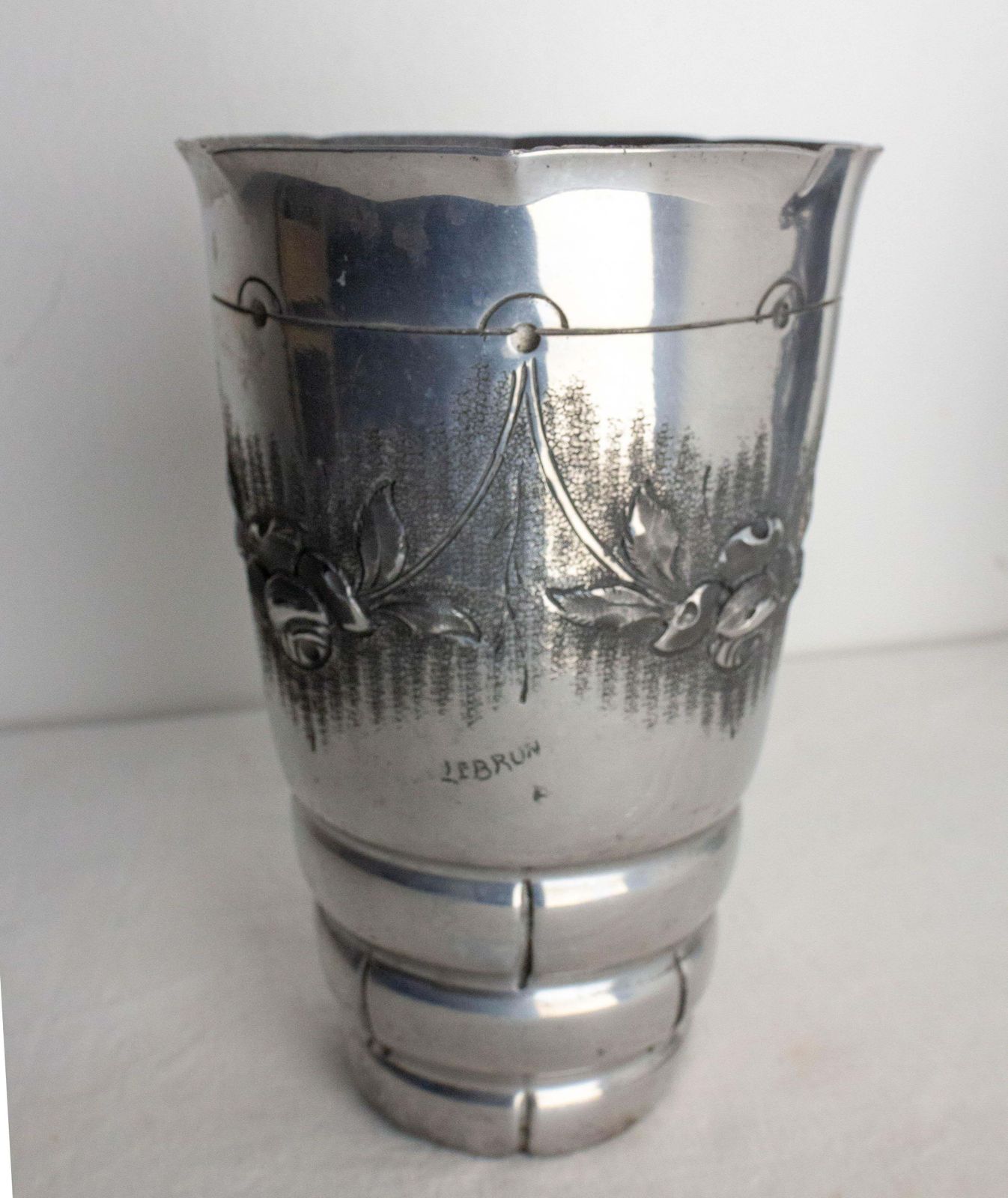 French Set Two Vases Aluminium Embossed Metal Vegetal Decoration Circa 1930 photo vinterior