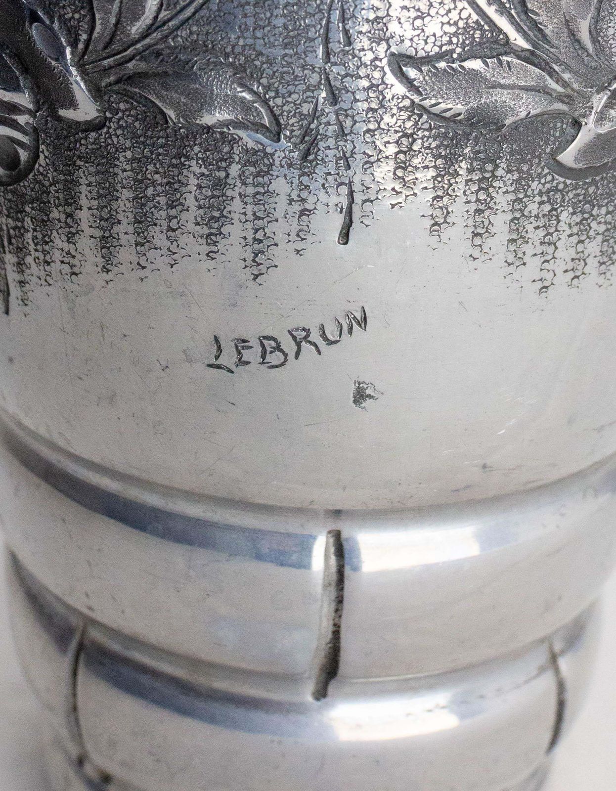 French Set Two Vases Aluminium Embossed Metal Vegetal Decoration Circa 1930 photo vintage