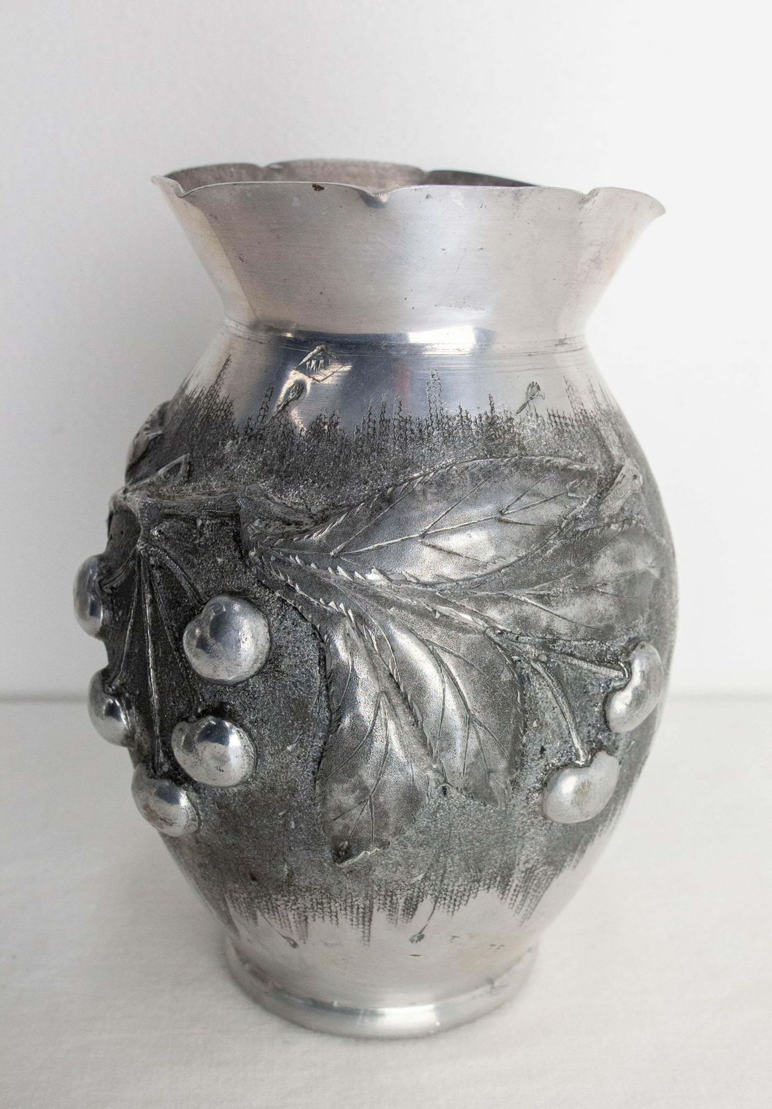 photo for sale French Set Two Vases Aluminium Embossed Metal Vegetal Decoration Circa 1930