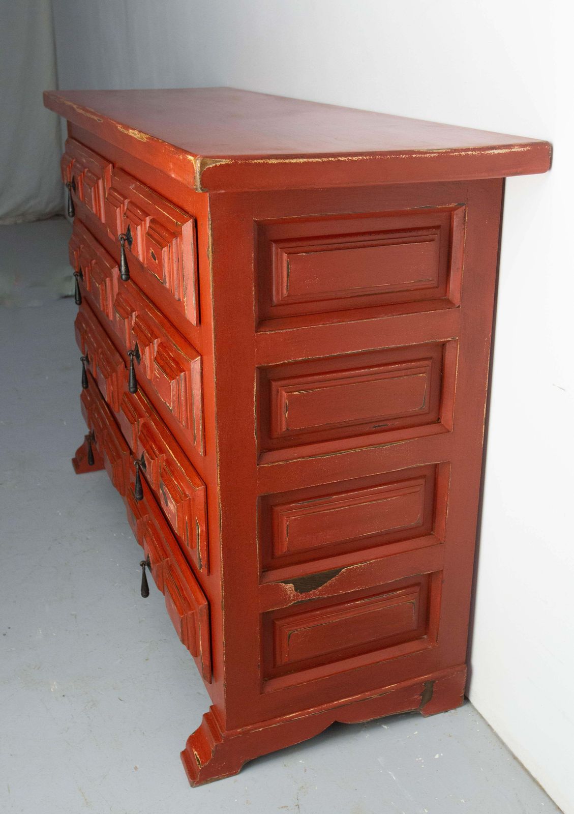 French Commode Or Patinated Red Chest Of Drawers Spanish Style, 20th Mid Century photo vinterior