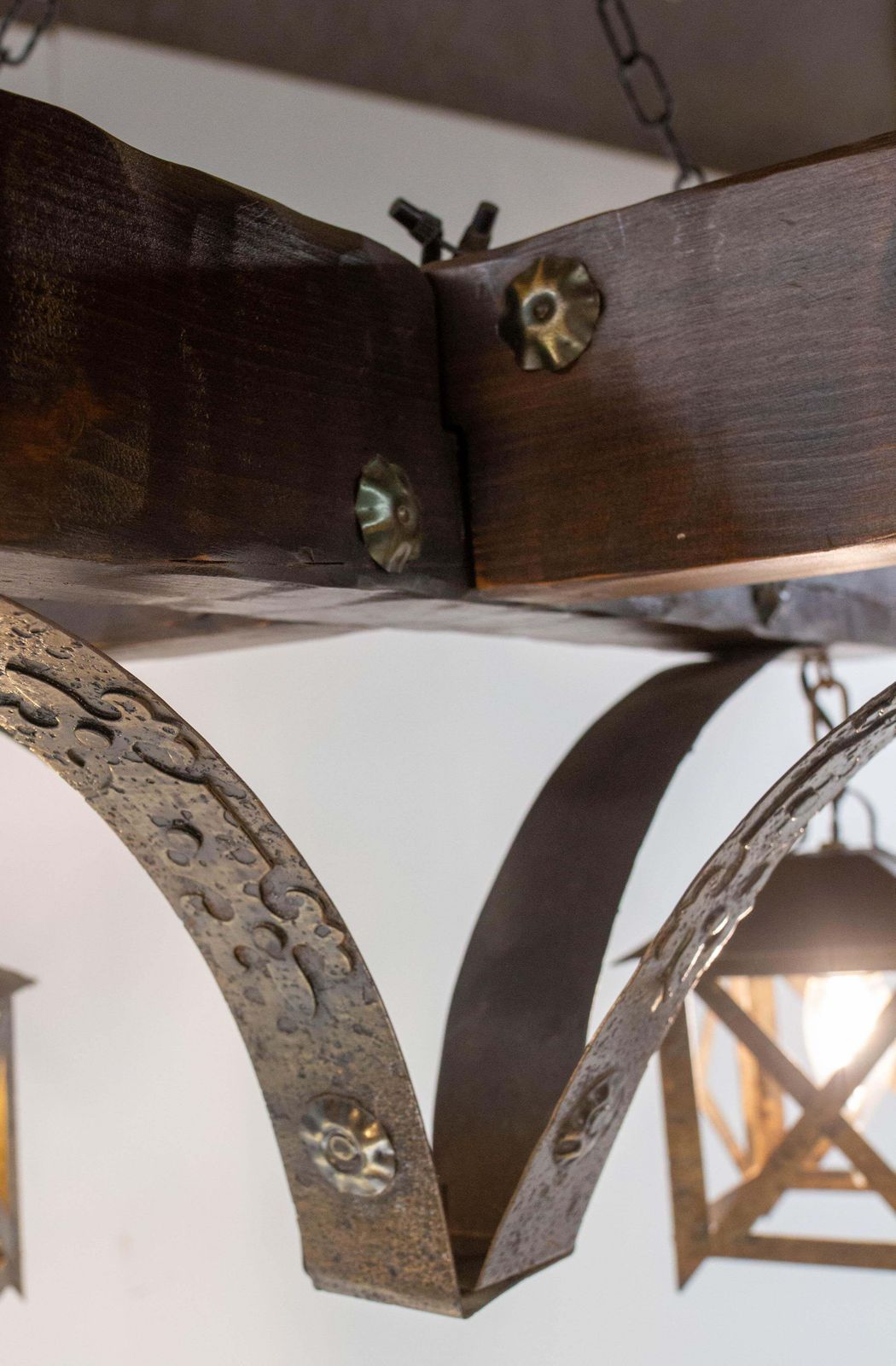 French Chandelier Ceiling Pendant Lustre Spanish Style Oak & Wrought Iron, C1960 photo furniture