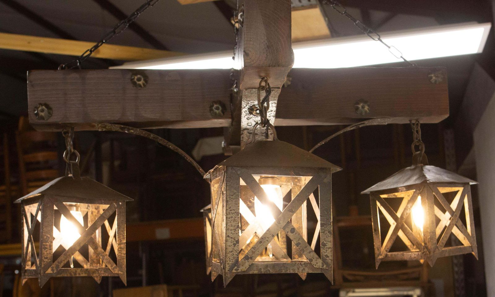 Lighting French Chandelier Ceiling Pendant Lustre Spanish Style Oak & Wrought Iron, C1960 photo