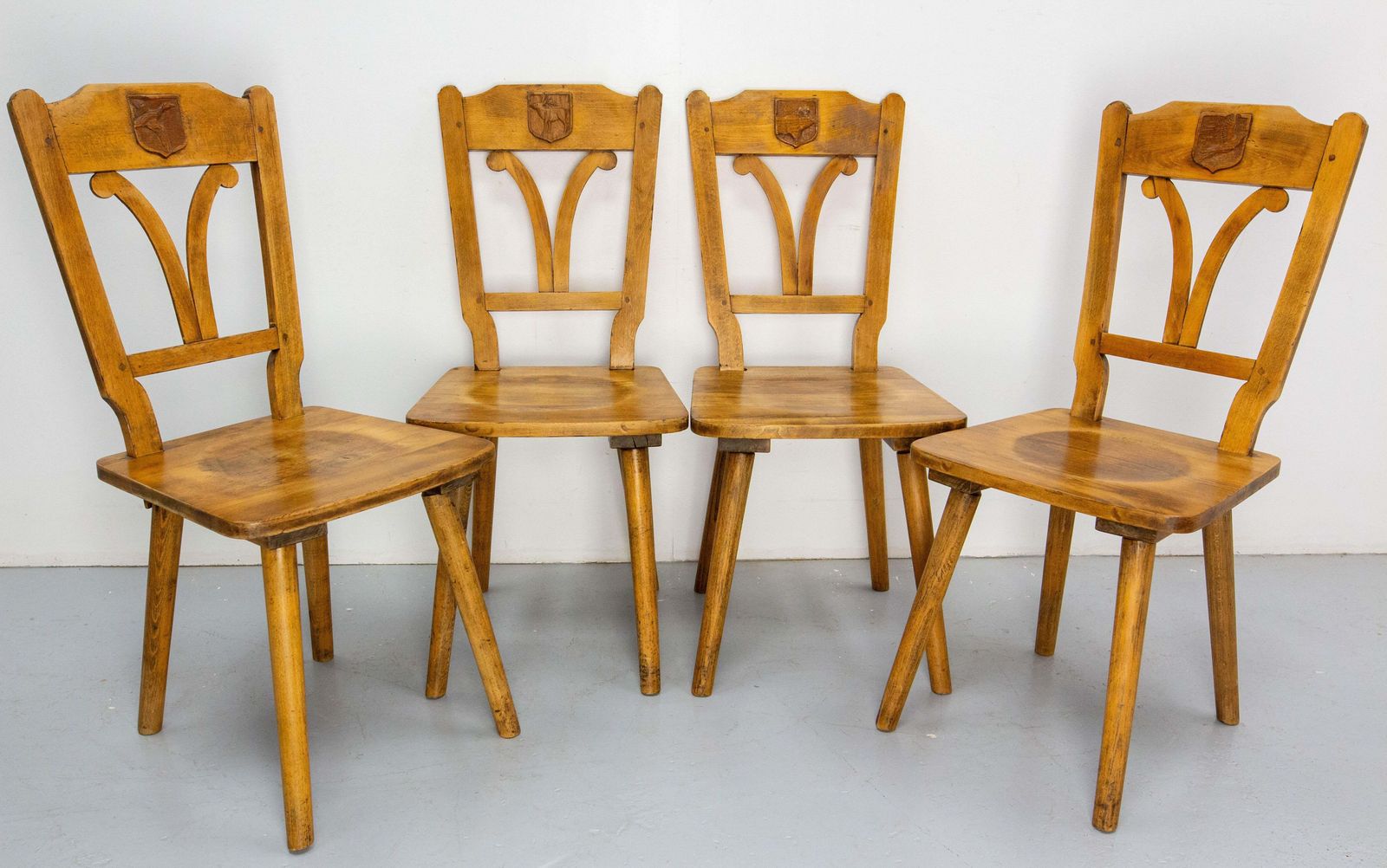 Set Of Four Massive Oak Chairs With Hunting Crests France, Mid 20th Century photo furniture