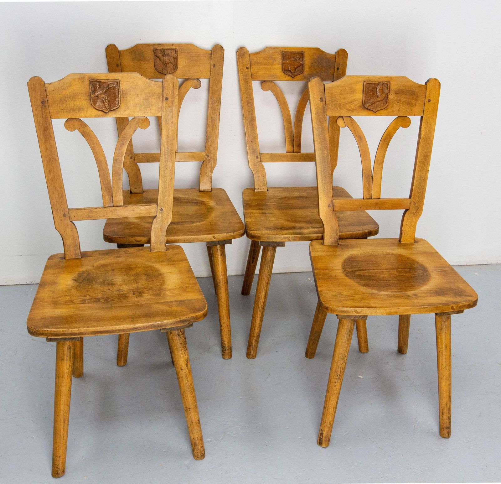 Set Of Four Massive Oak Chairs With Hunting Crests France, Mid 20th Century photo for sale