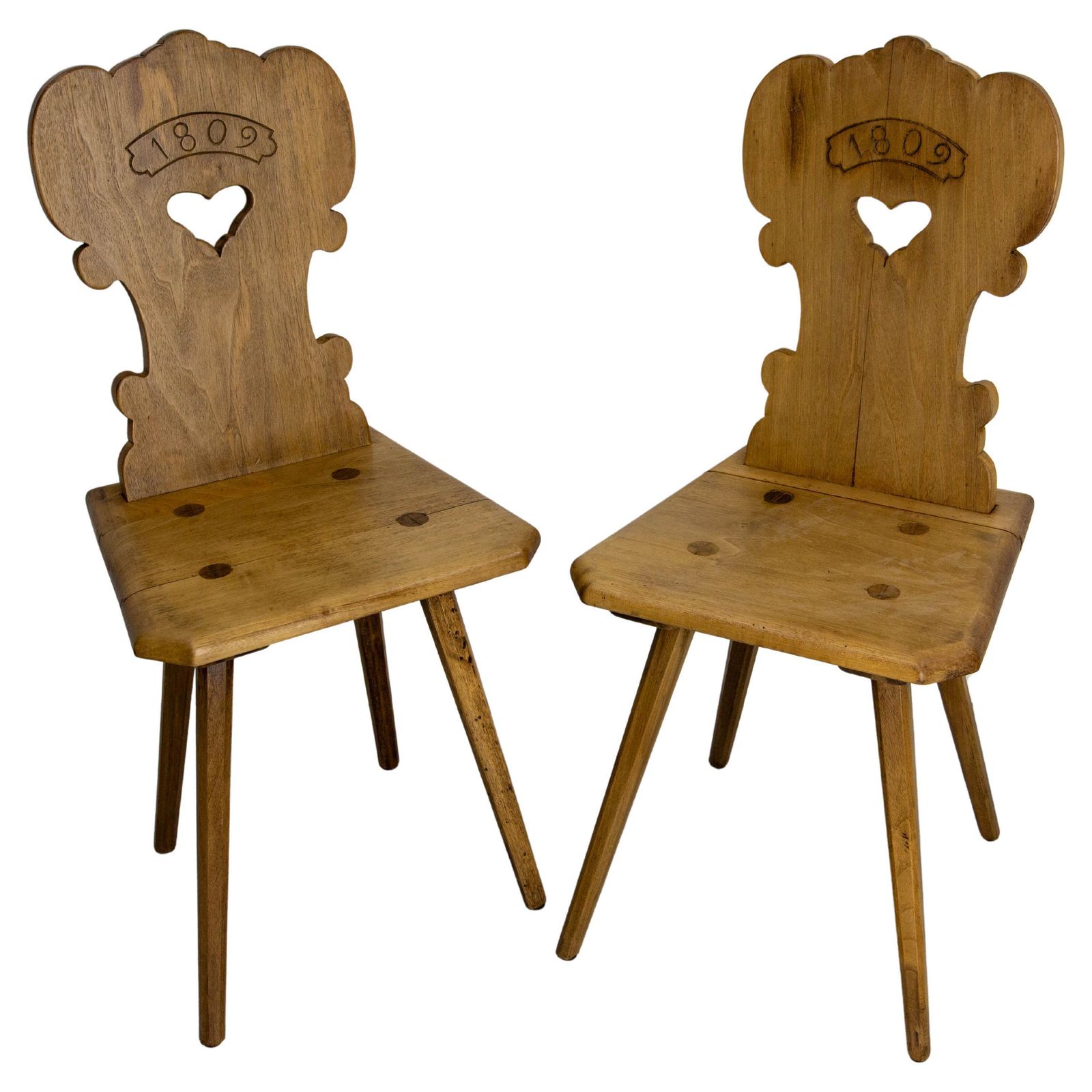 Midcentury French Pair Of Side Poplar Chairs Swiss Alp Style, Early 19th Century
